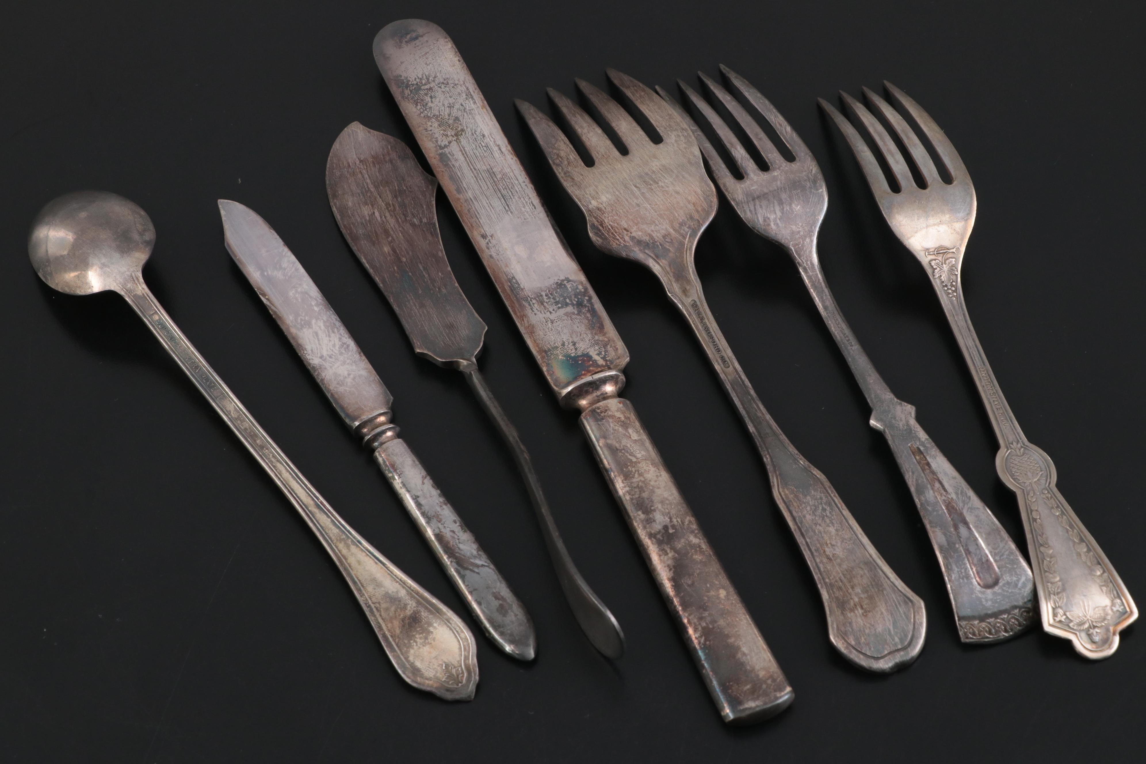 Coin Silver Fruit Spoons with Various Silver Plate Flatware