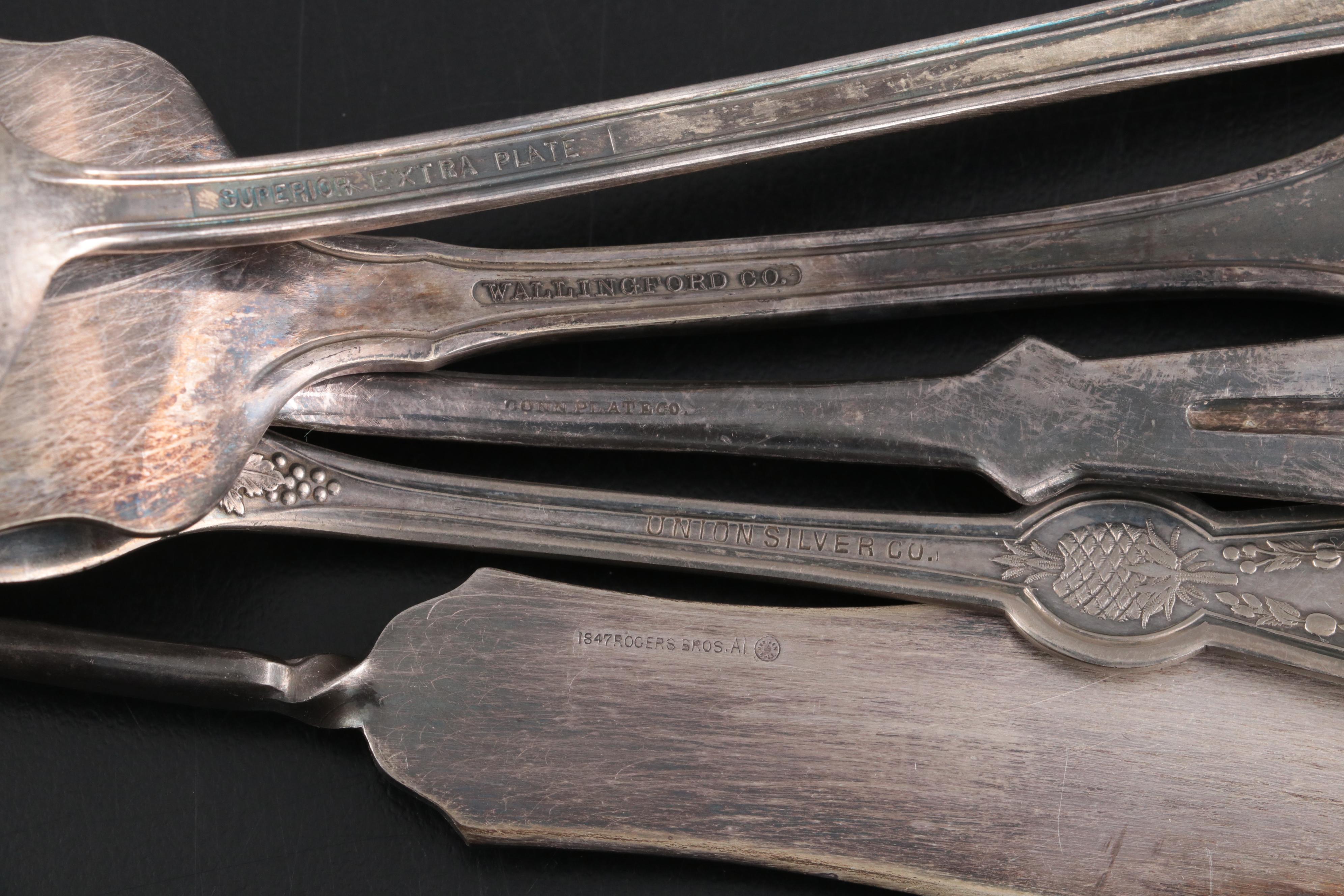 Coin Silver Fruit Spoons with Various Silver Plate Flatware