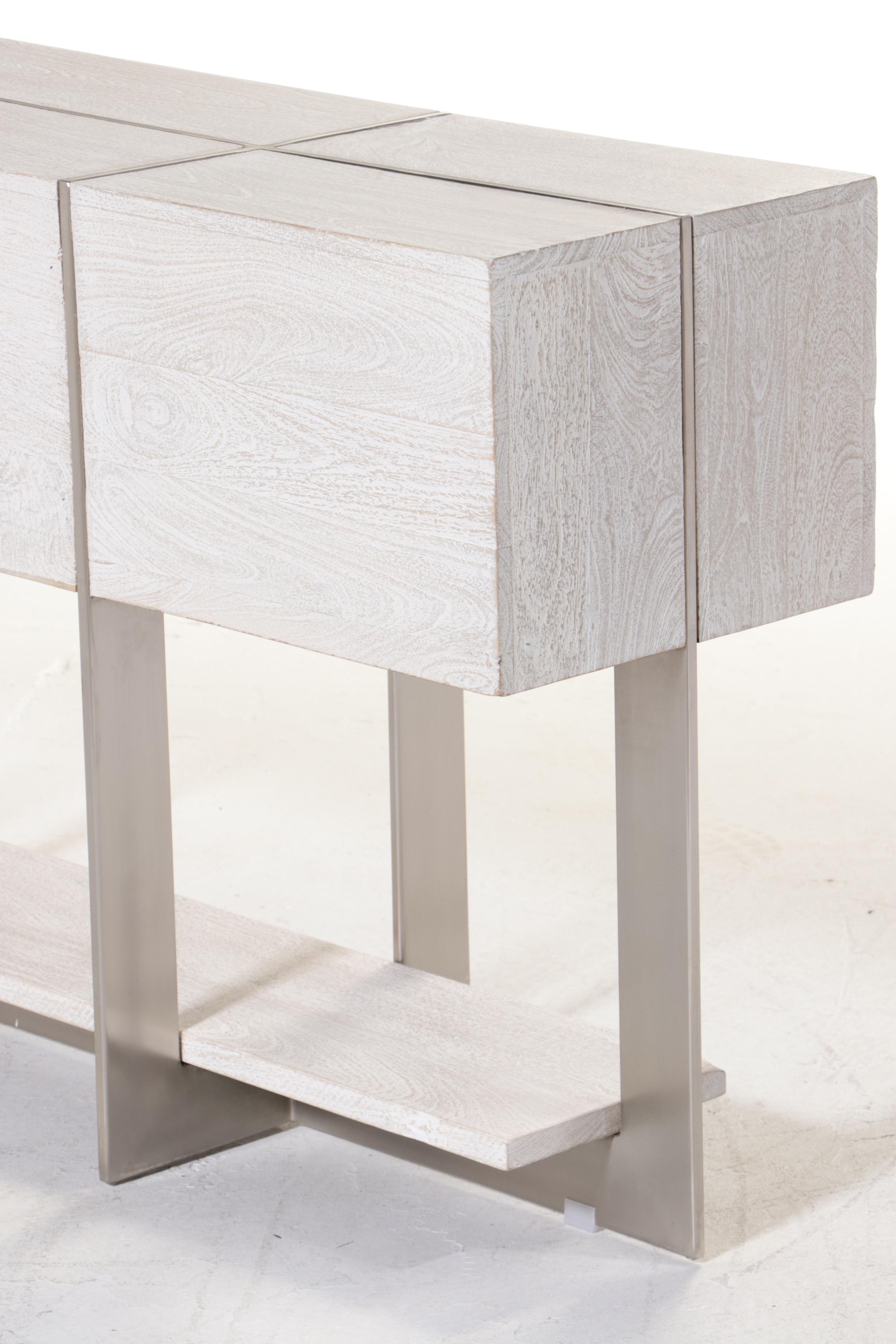 Modernist Style Brushed Metal and Cerused Hardwood Console Table