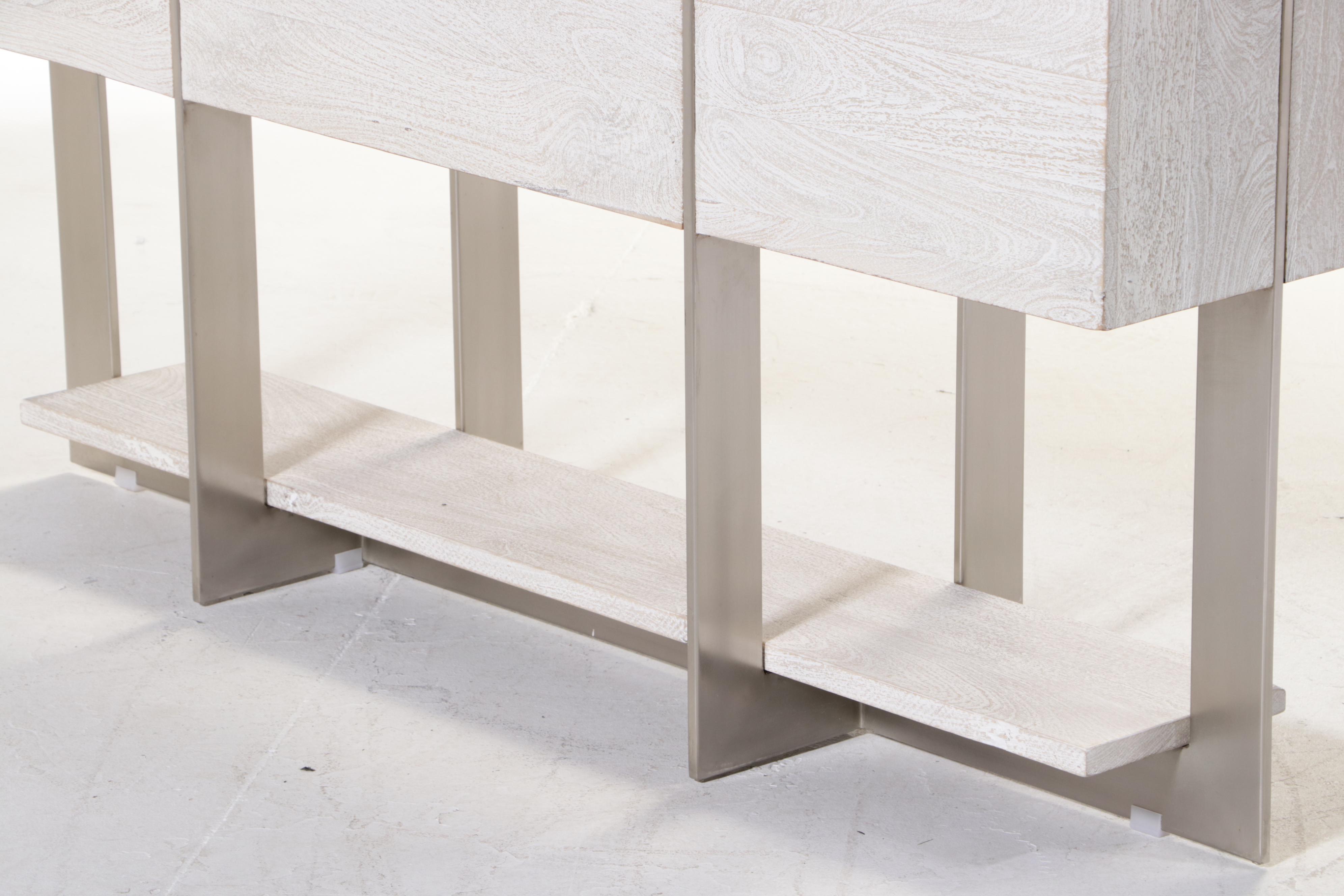 Modernist Style Brushed Metal and Cerused Hardwood Console Table