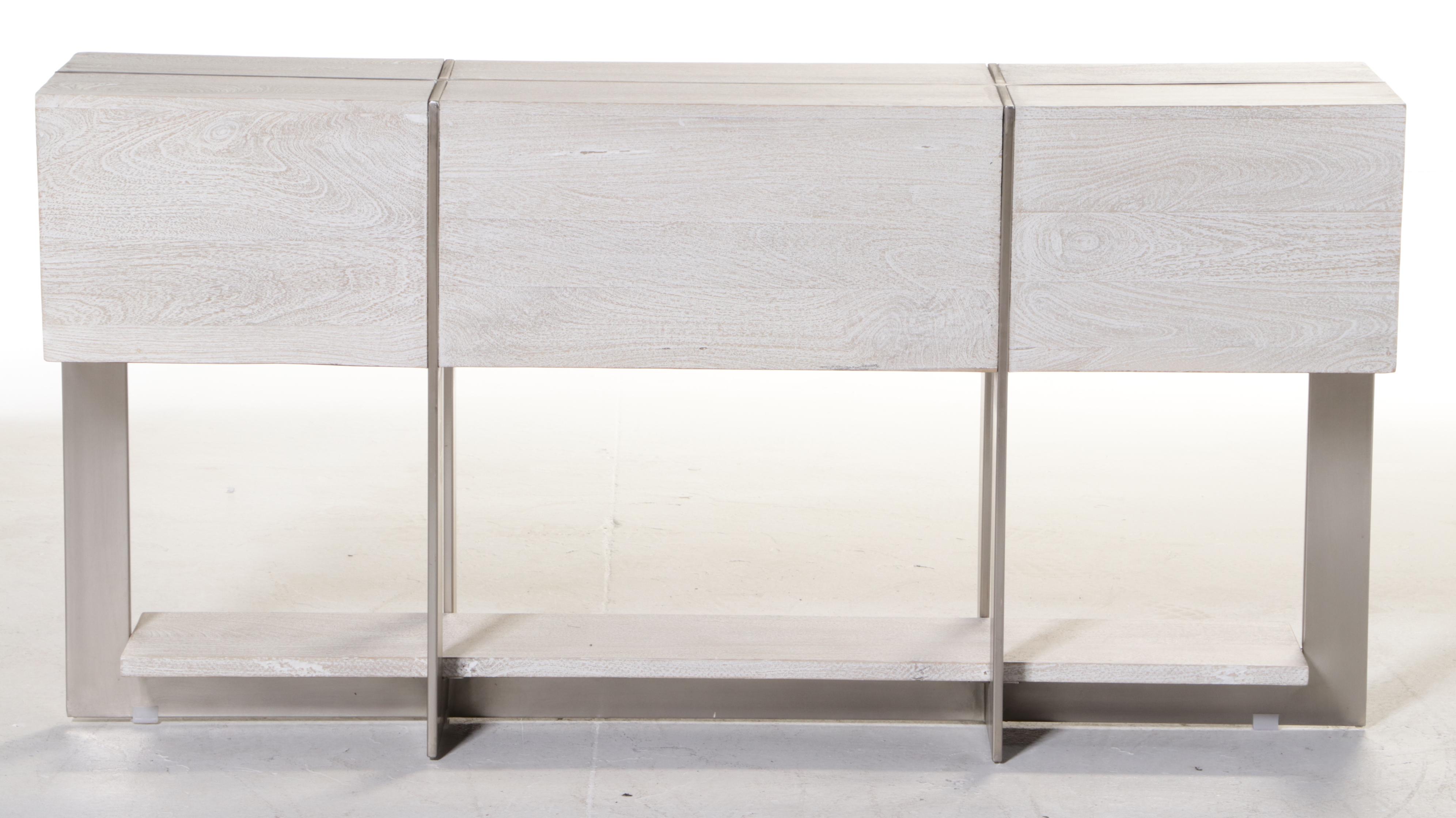 Modernist Style Brushed Metal and Cerused Hardwood Console Table