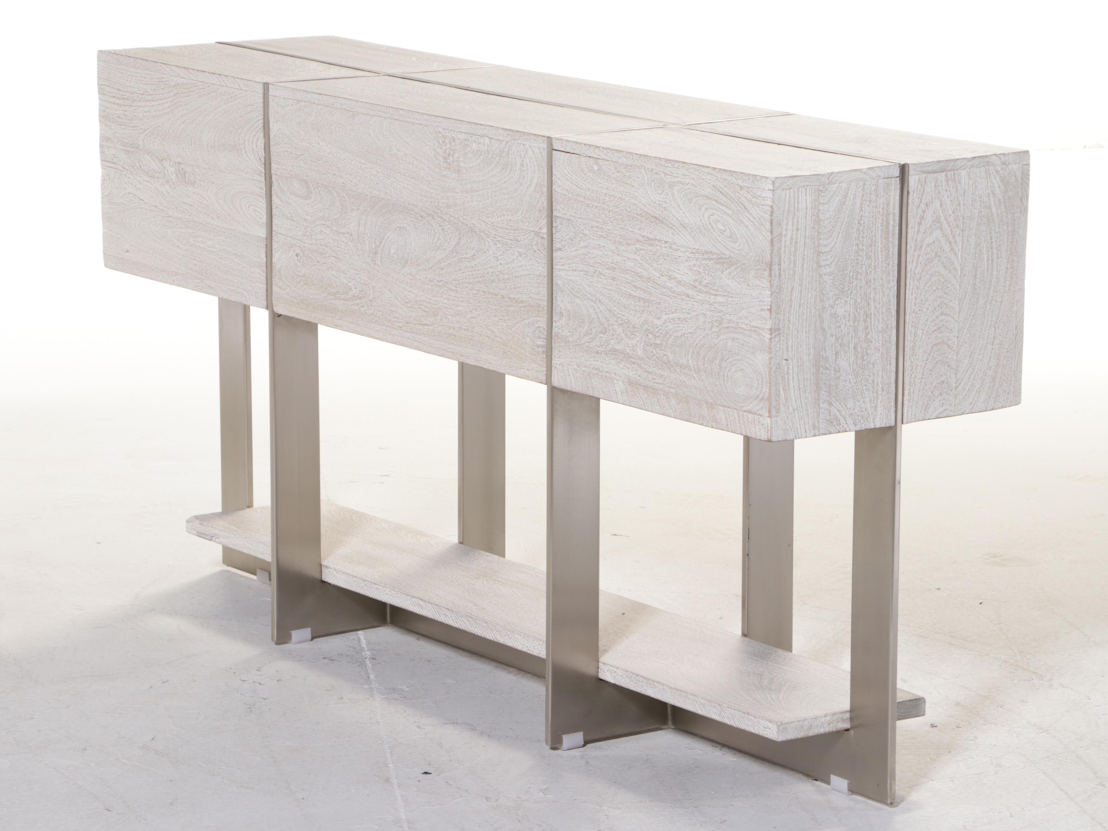 Modernist Style Brushed Metal and Cerused Hardwood Console Table