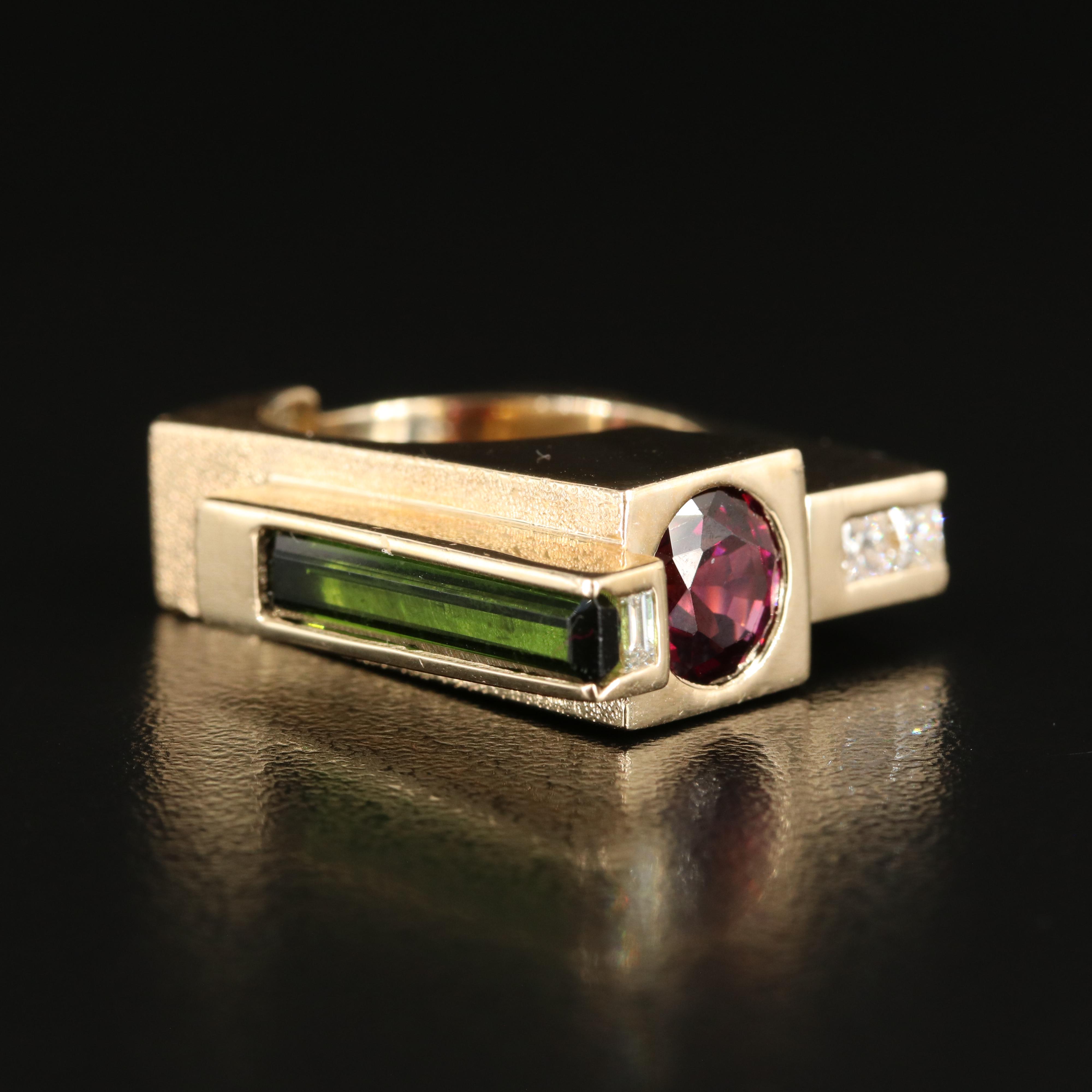 Modernist 14K Rhodolite Garnet, Tourmaline, Diamond and Sapphire Stacked Ring