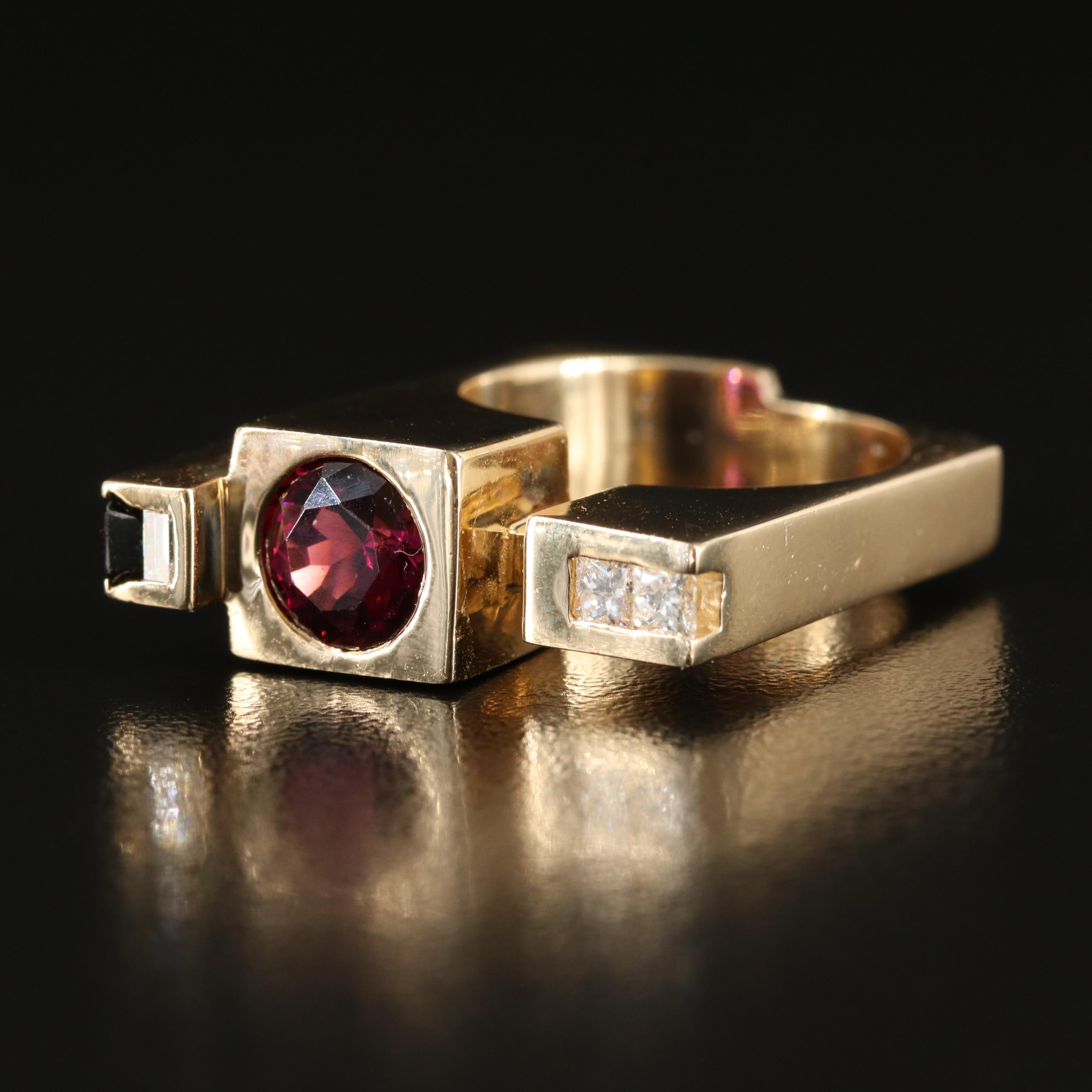 Modernist 14K Rhodolite Garnet, Tourmaline, Diamond and Sapphire Stacked Ring