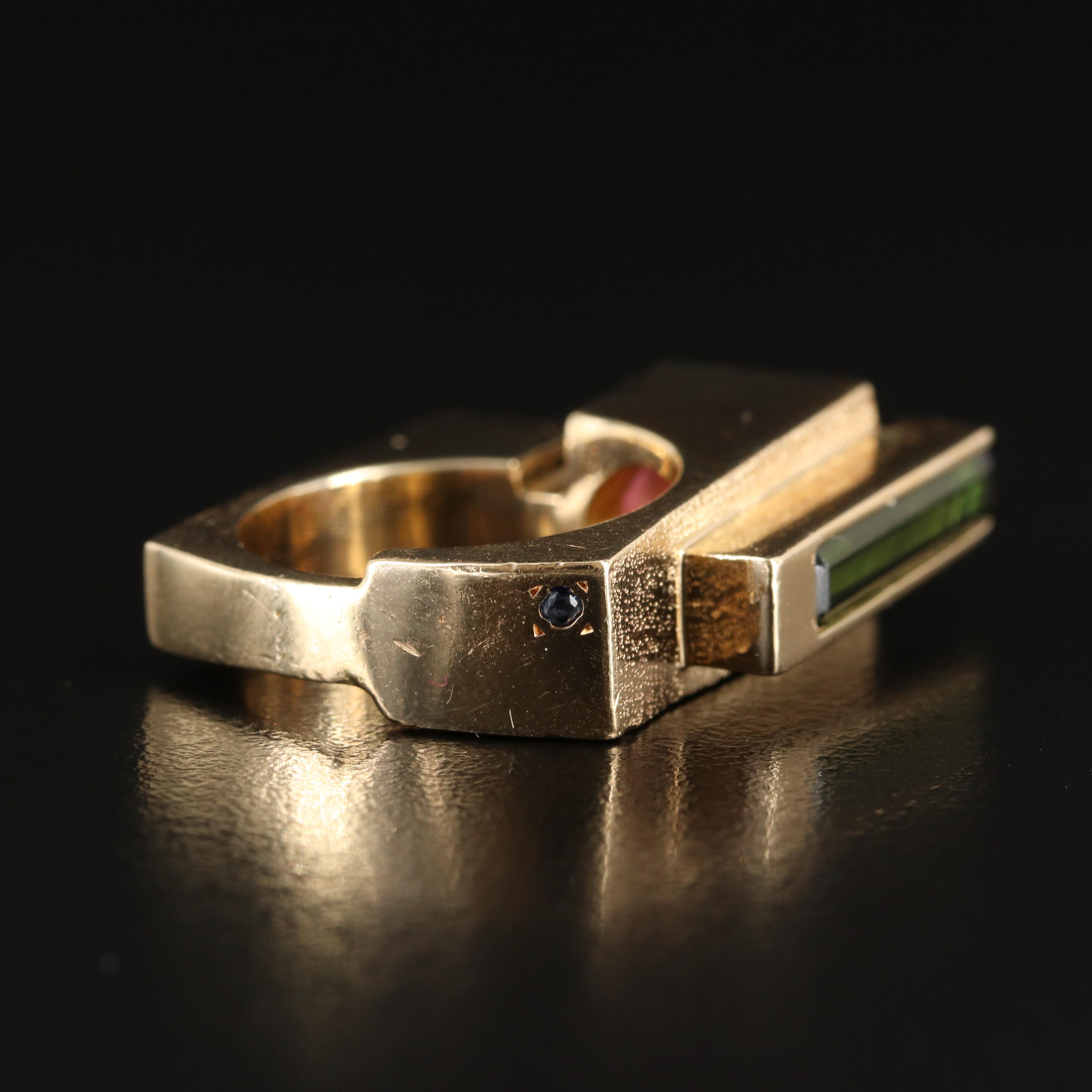 Modernist 14K Rhodolite Garnet, Tourmaline, Diamond and Sapphire Stacked Ring