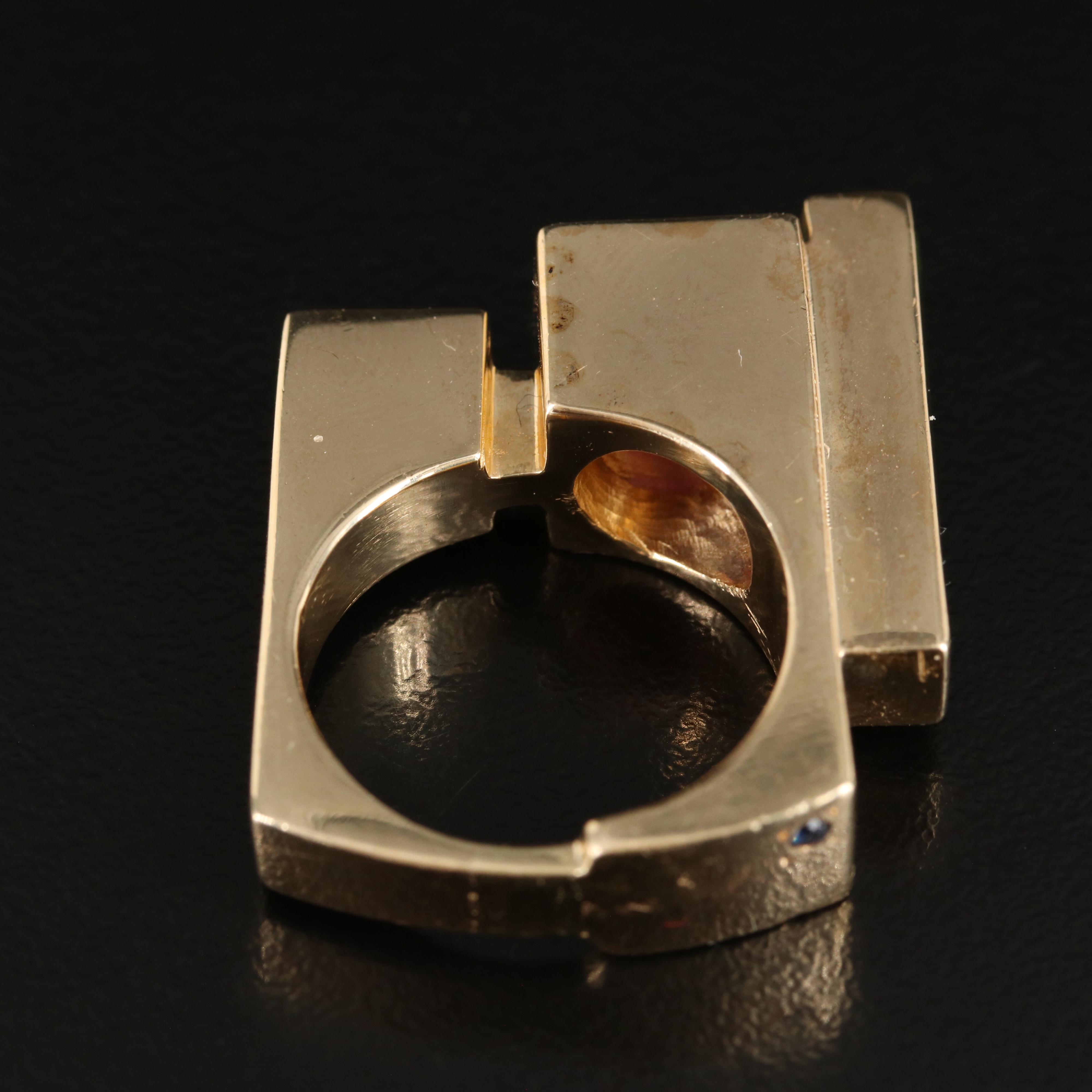 Modernist 14K Rhodolite Garnet, Tourmaline, Diamond and Sapphire Stacked Ring