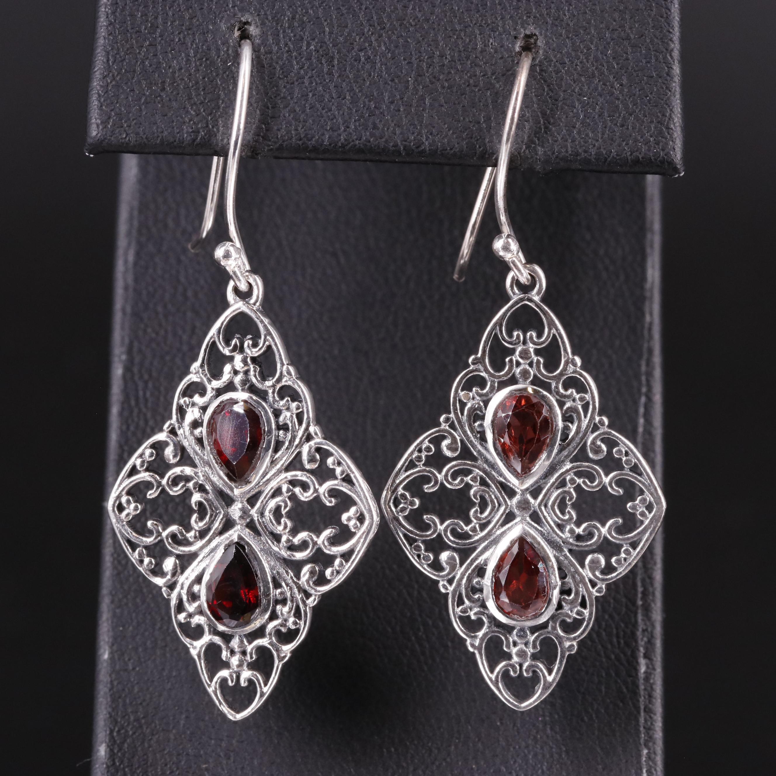 Sterling Garnet Scrollwork Drop Earrings