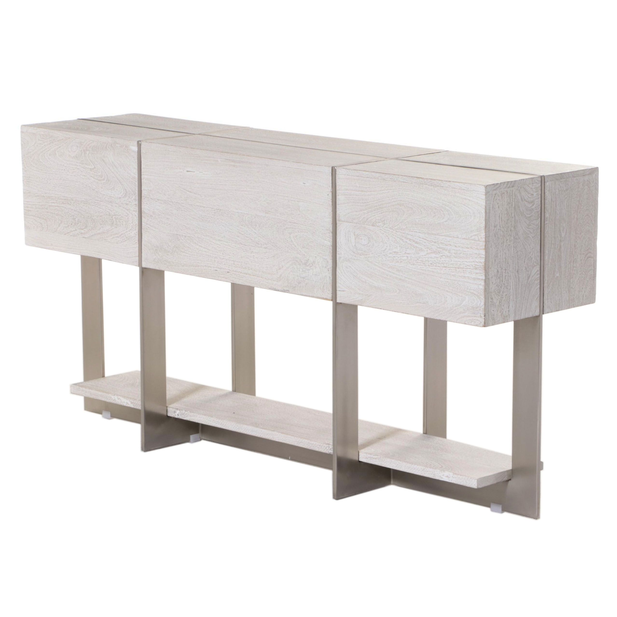 Modernist Style Brushed Metal and Cerused Hardwood Console Table