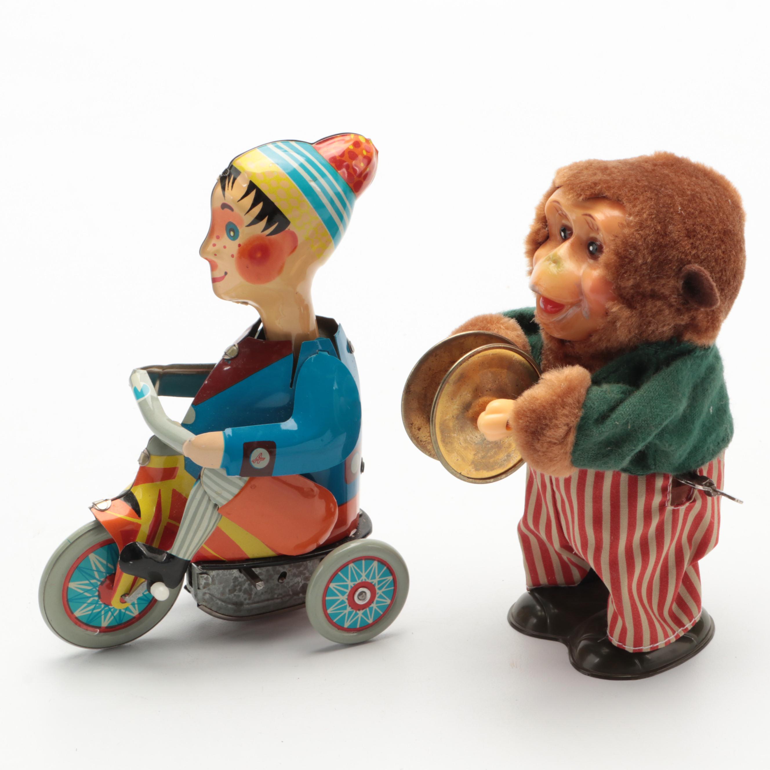 Tin Lithograph Tricycle Boy, Cymbal Monkey and Glass Marbles