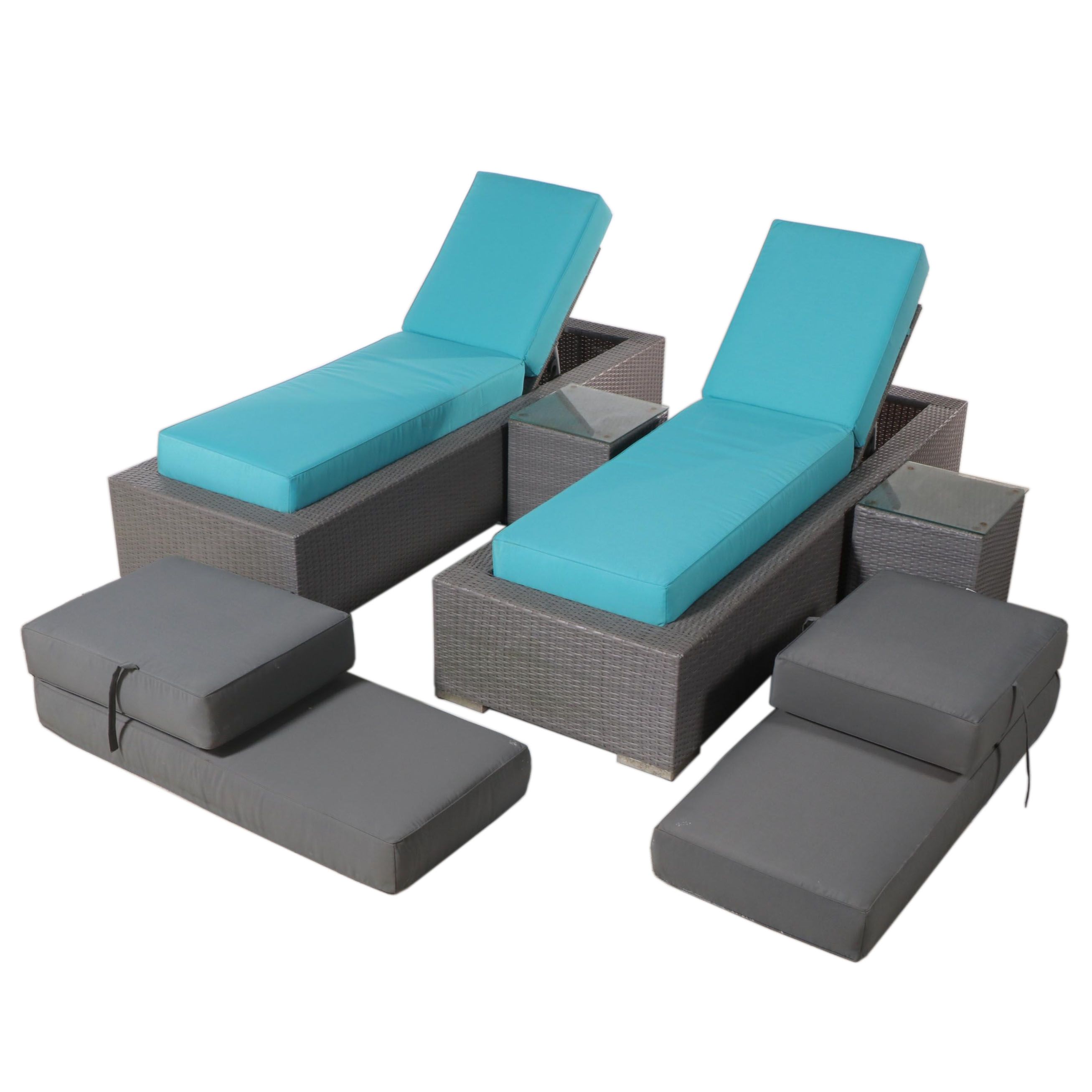 Pair of Ohana Depot Resin Wicker Patio Chaises and Accent Tables EBTH