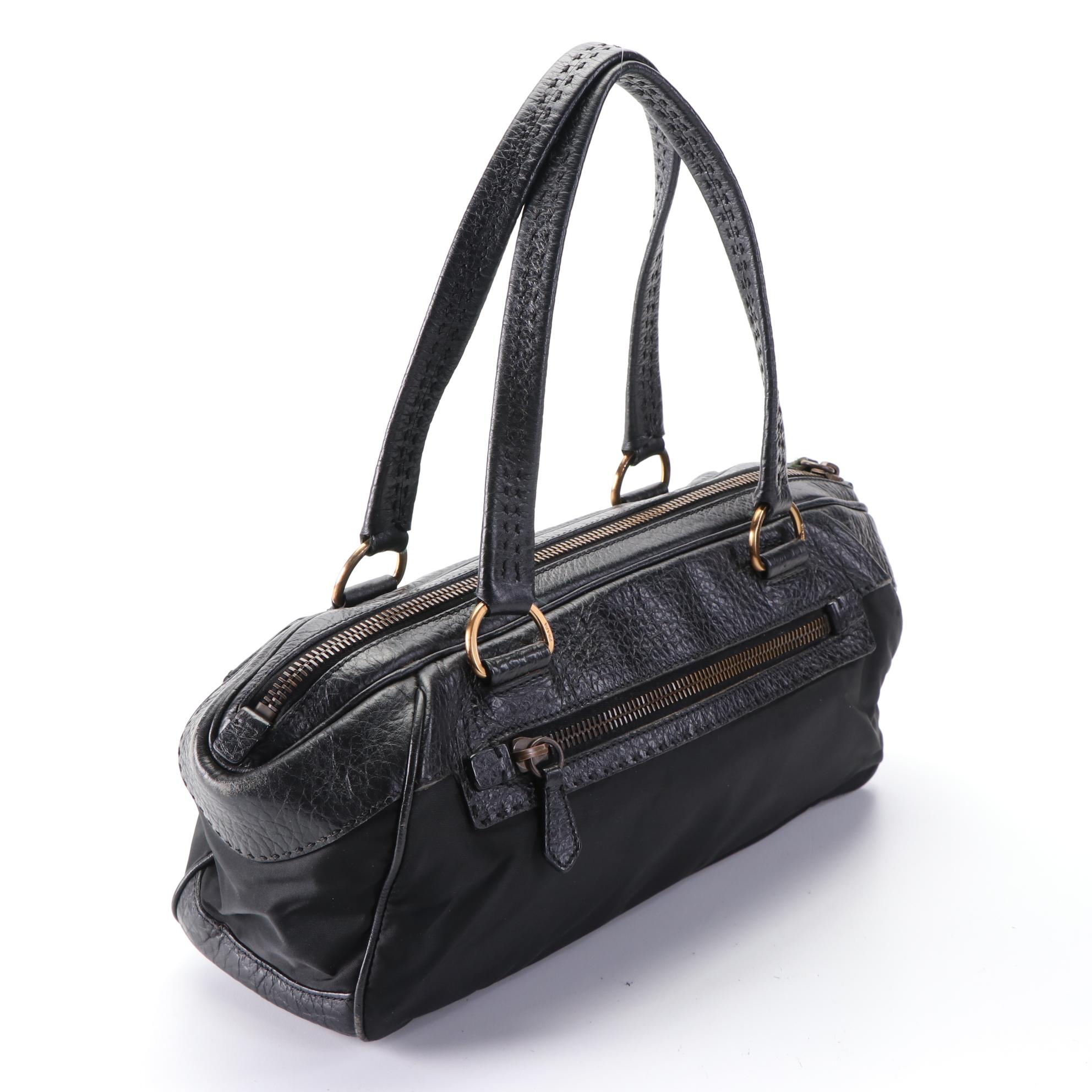 Prada Shoulder Bag in Tessuto Nylon and Black Grained Leather