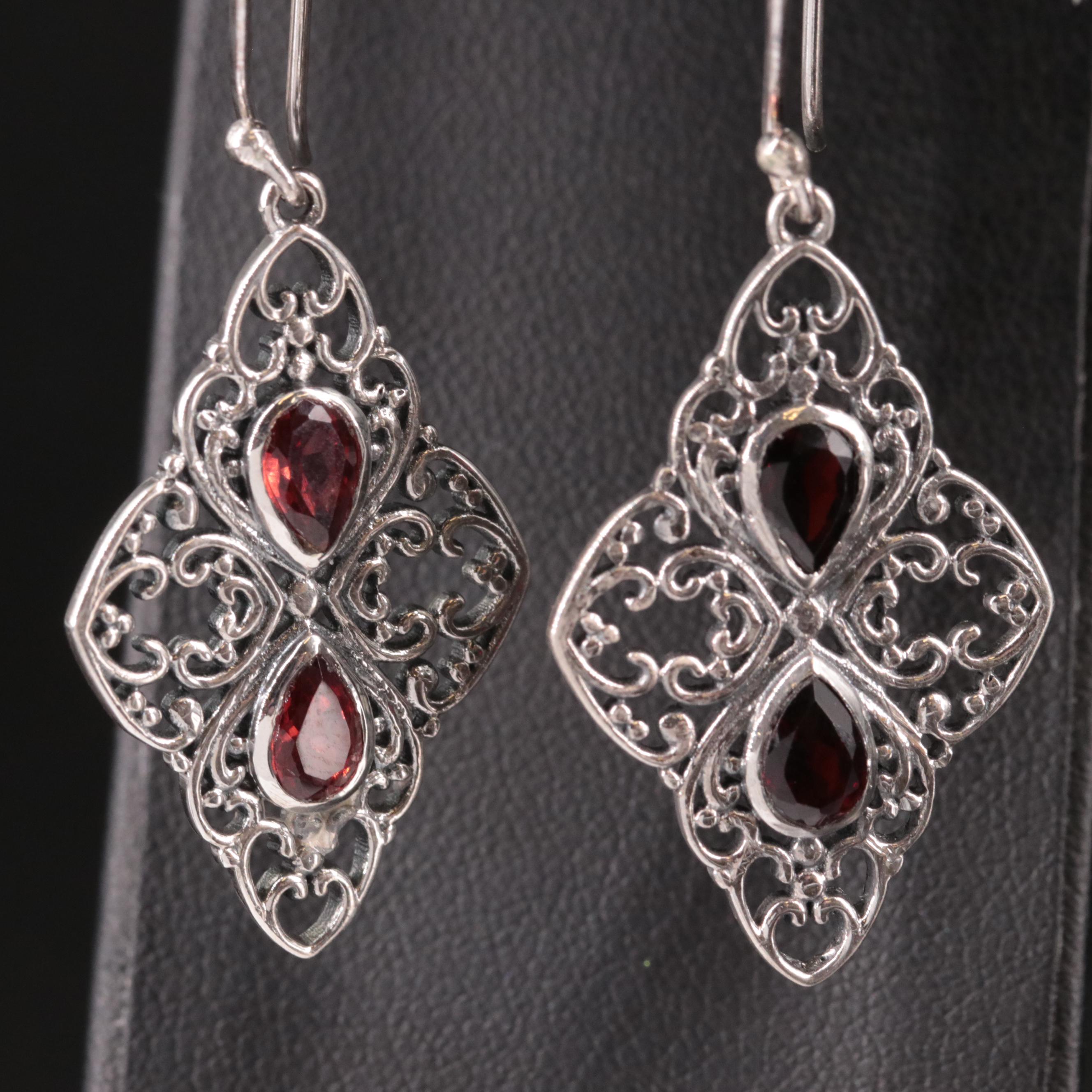 Sterling Garnet Scrollwork Drop Earrings