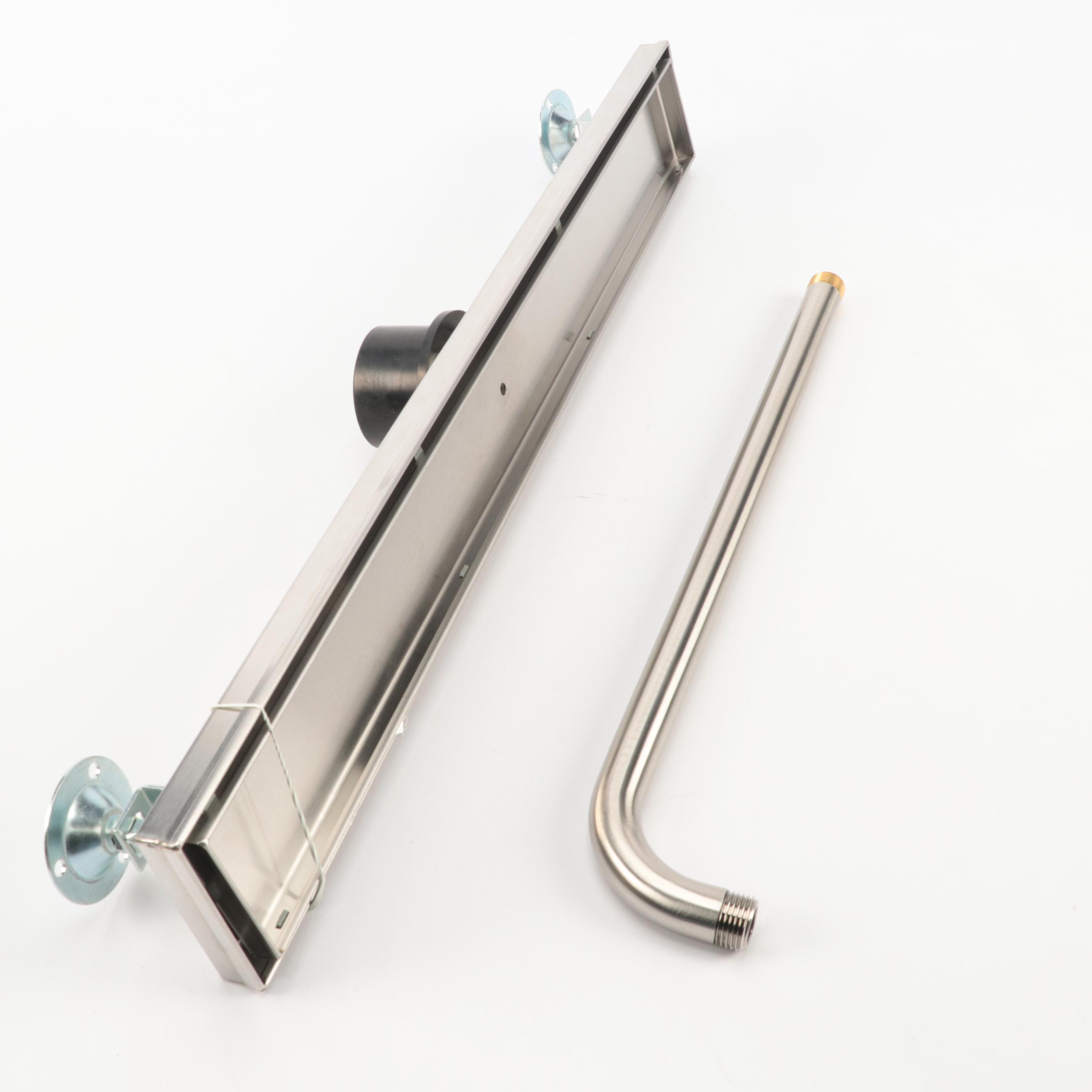 Brushed Nickel Finish Shower System with Rainfall Shower Head and Linear Drain