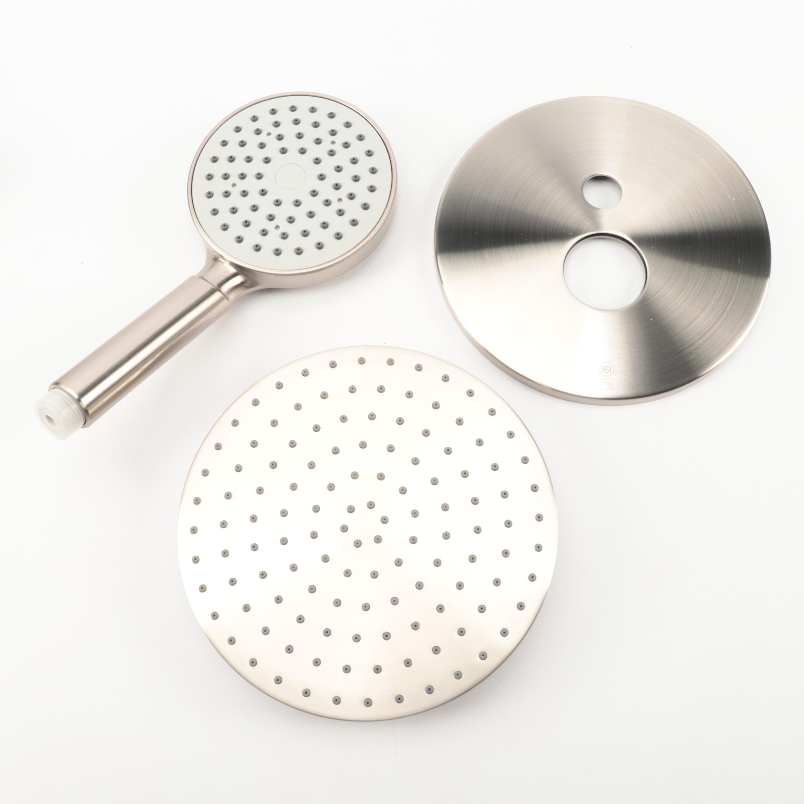 Brushed Nickel Finish Shower System with Rainfall Shower Head and Linear Drain