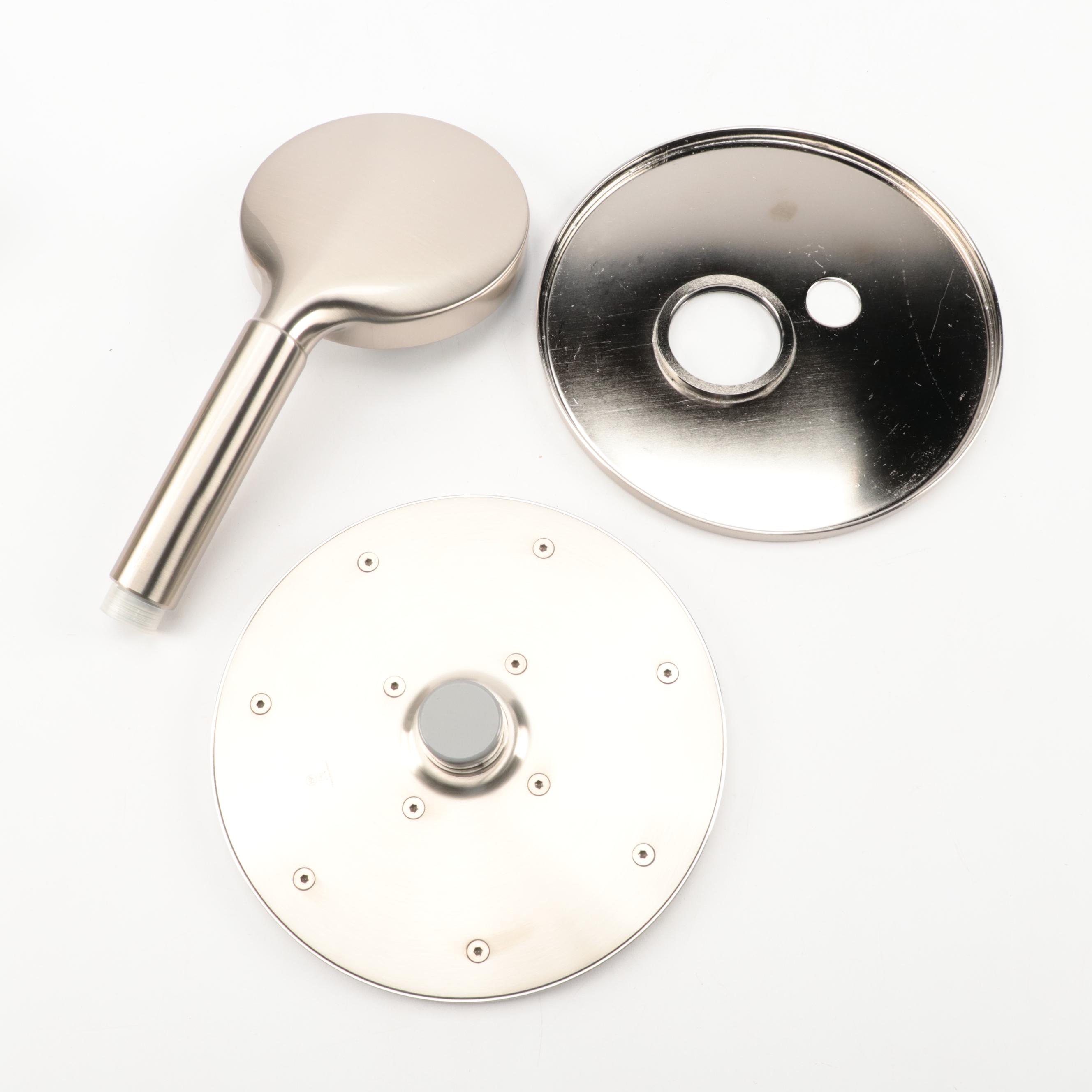 Brushed Nickel Finish Shower System with Rainfall Shower Head and Linear Drain