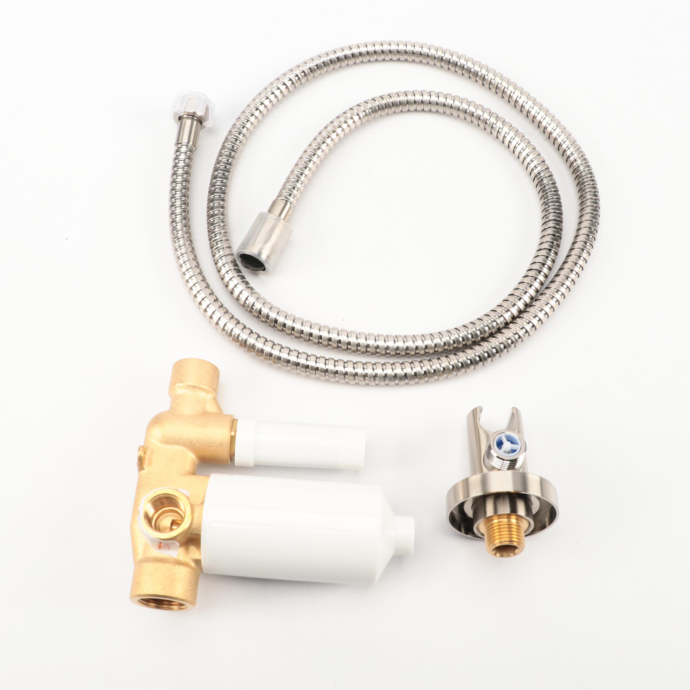 Brushed Nickel Finish Shower System with Rainfall Shower Head and Linear Drain