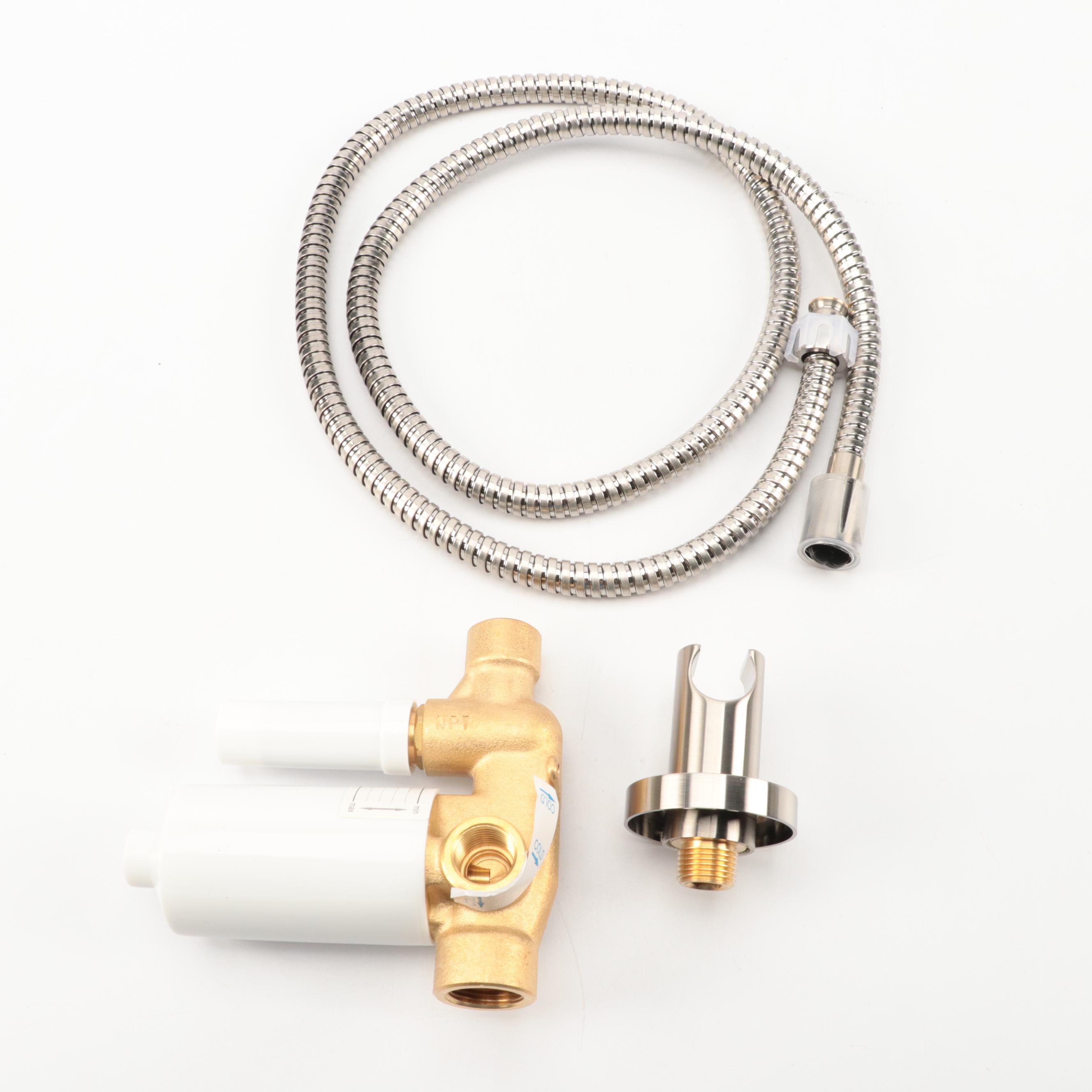 Brushed Nickel Finish Shower System with Rainfall Shower Head and Linear Drain