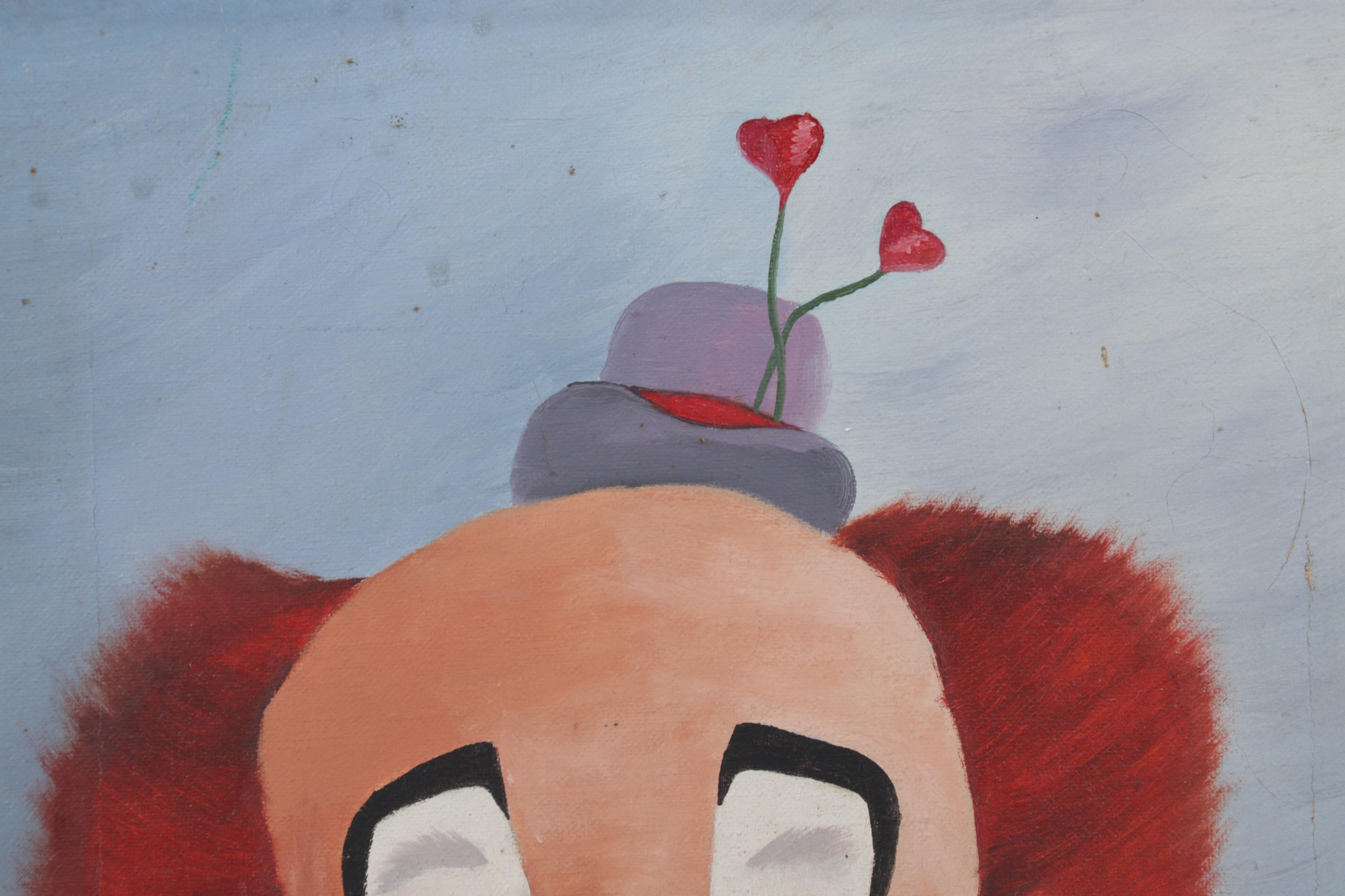 Folk Art Clown Portrait Oil Painting, Circa 1970