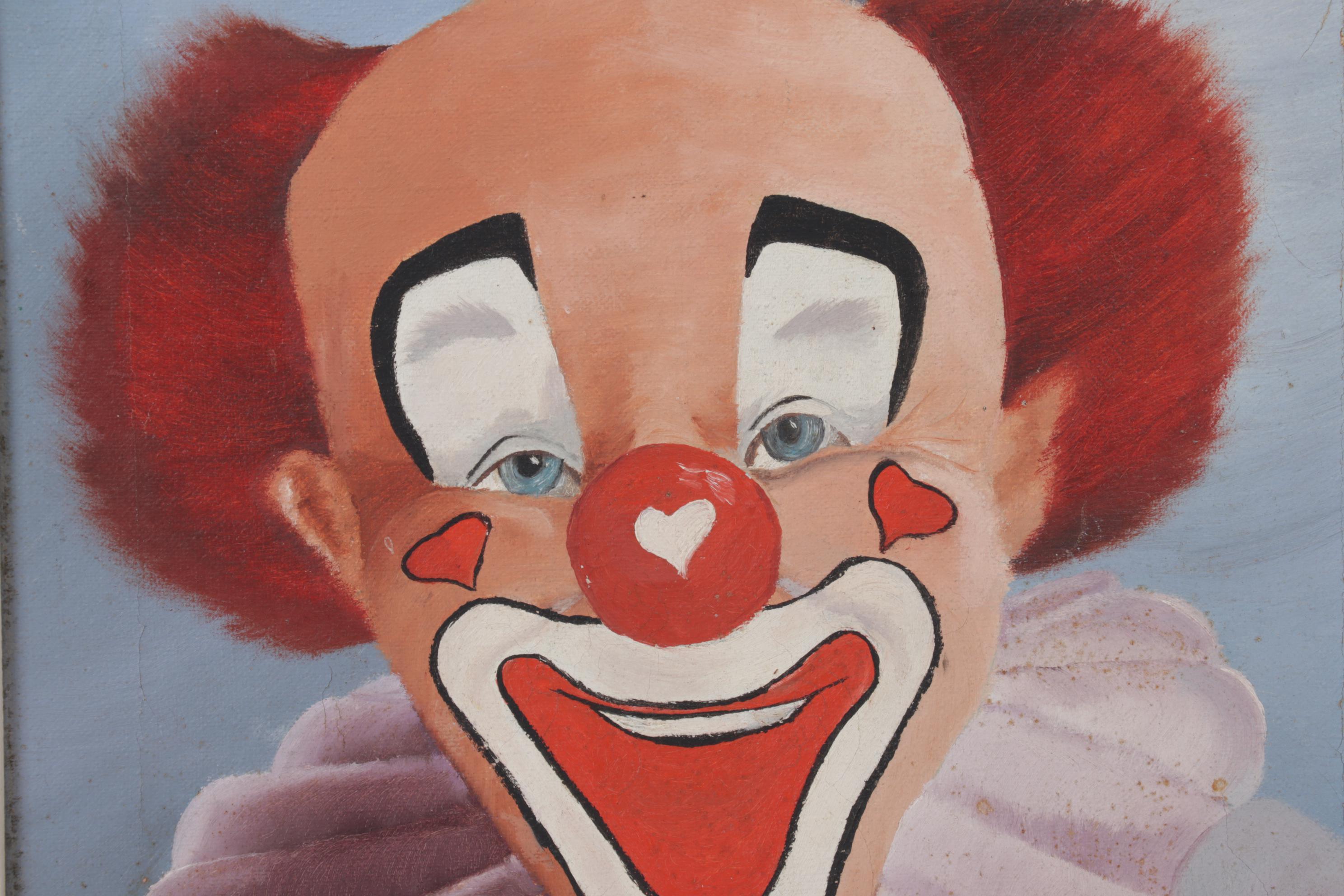 Folk Art Clown Portrait Oil Painting, Circa 1970