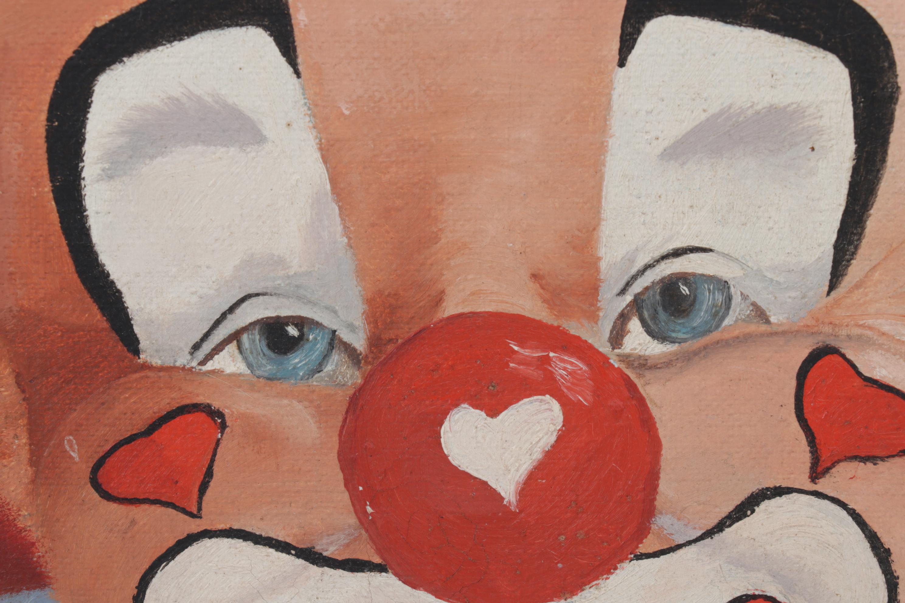 Folk Art Clown Portrait Oil Painting, Circa 1970
