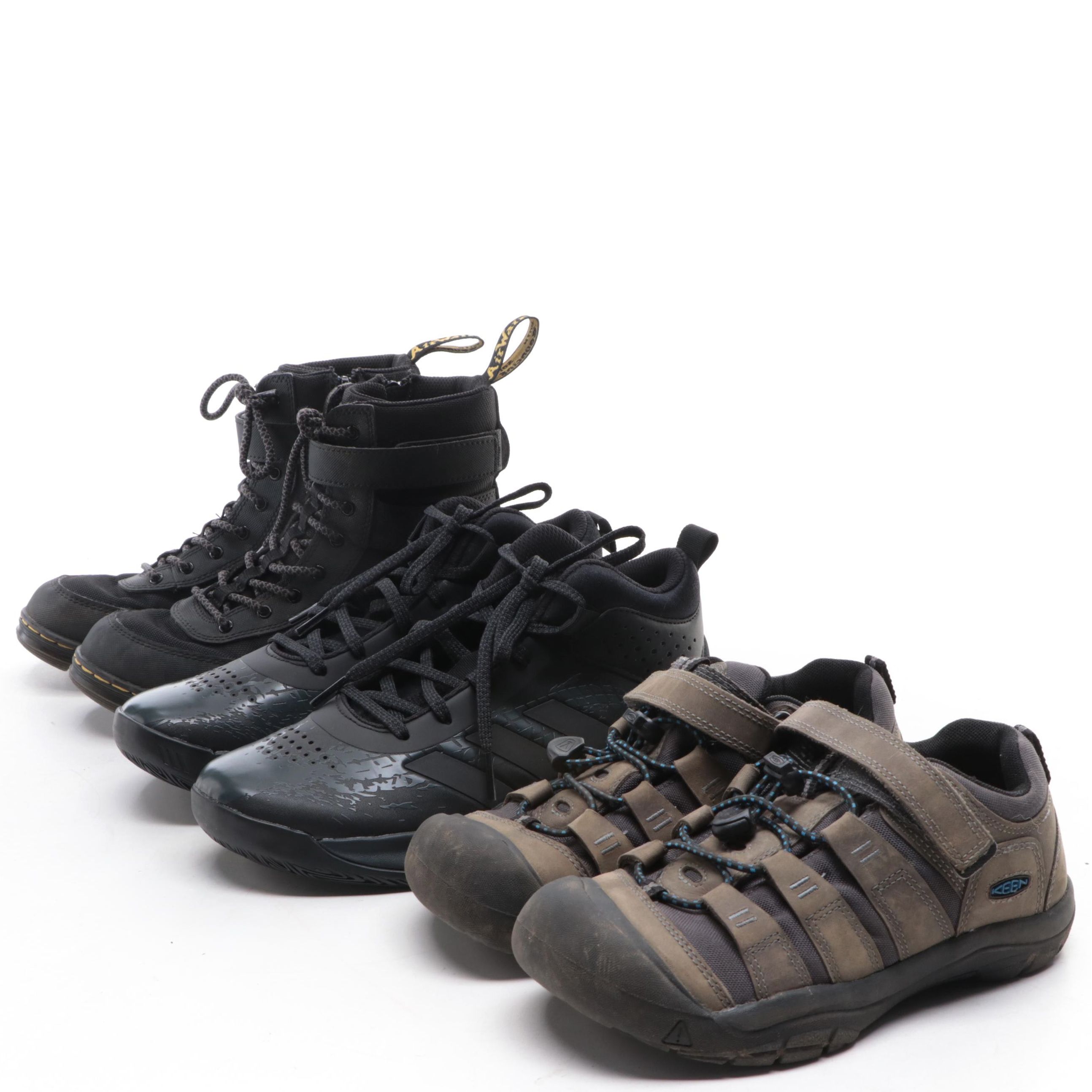 Children's Keen and Doc Martens Hiking Shoes with Adidas Basketball Shoes/Box
