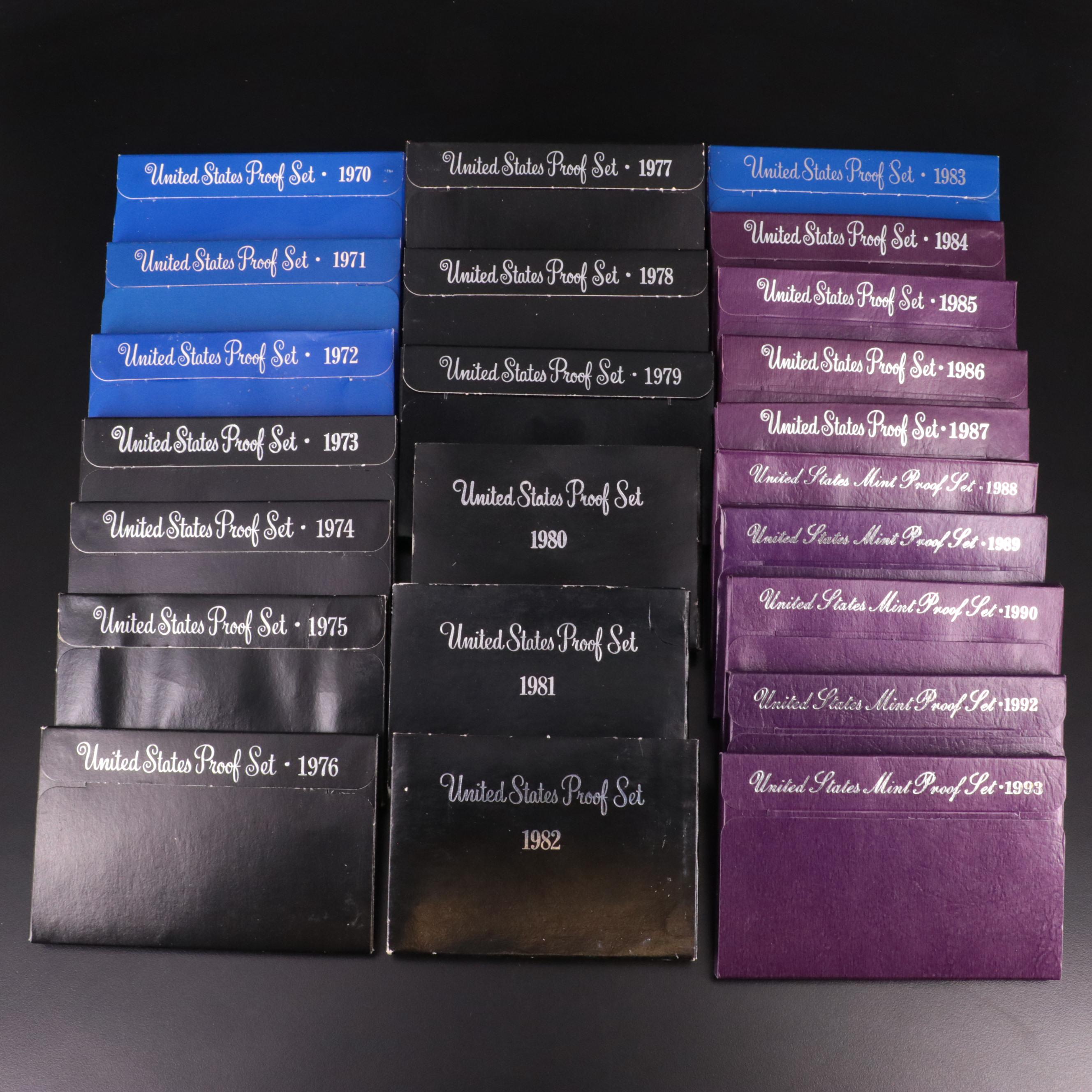 Twenty-Three Different United States Proof Sets 1970-1990 Complete and 1992 & 93