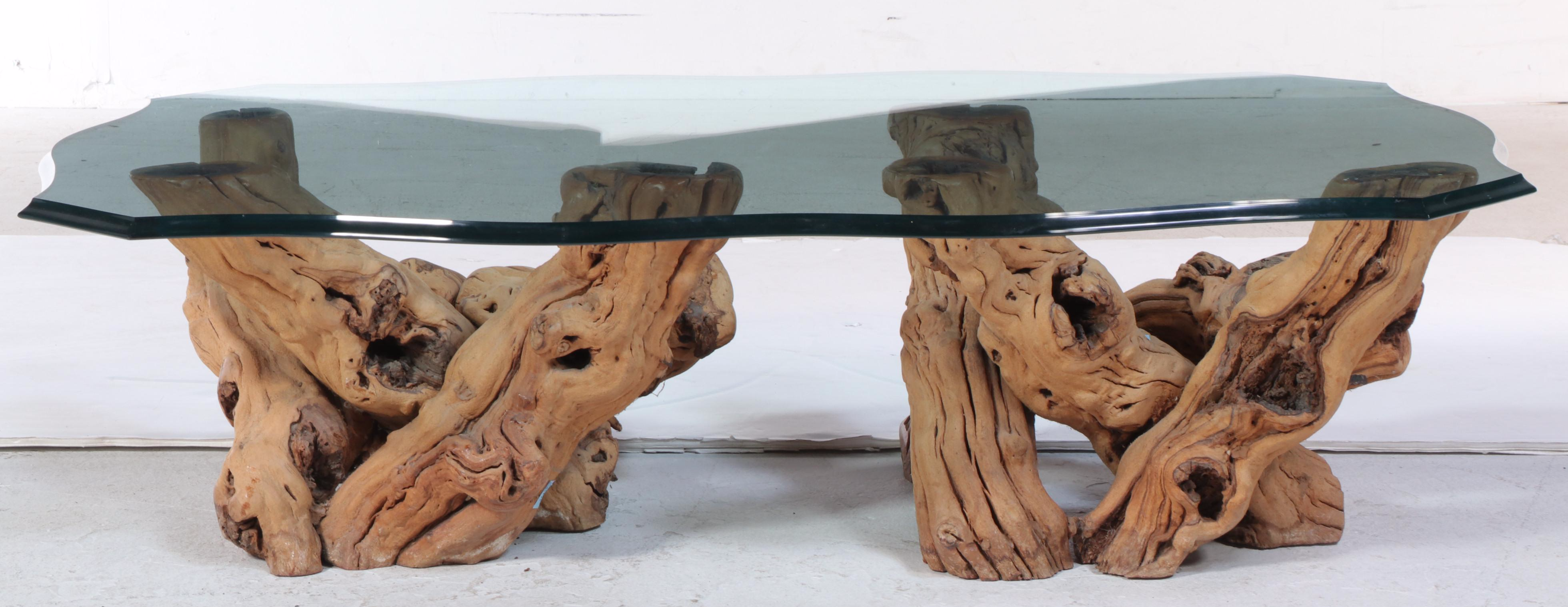 Contemporary Beveled Glass Table with Driftwood Base