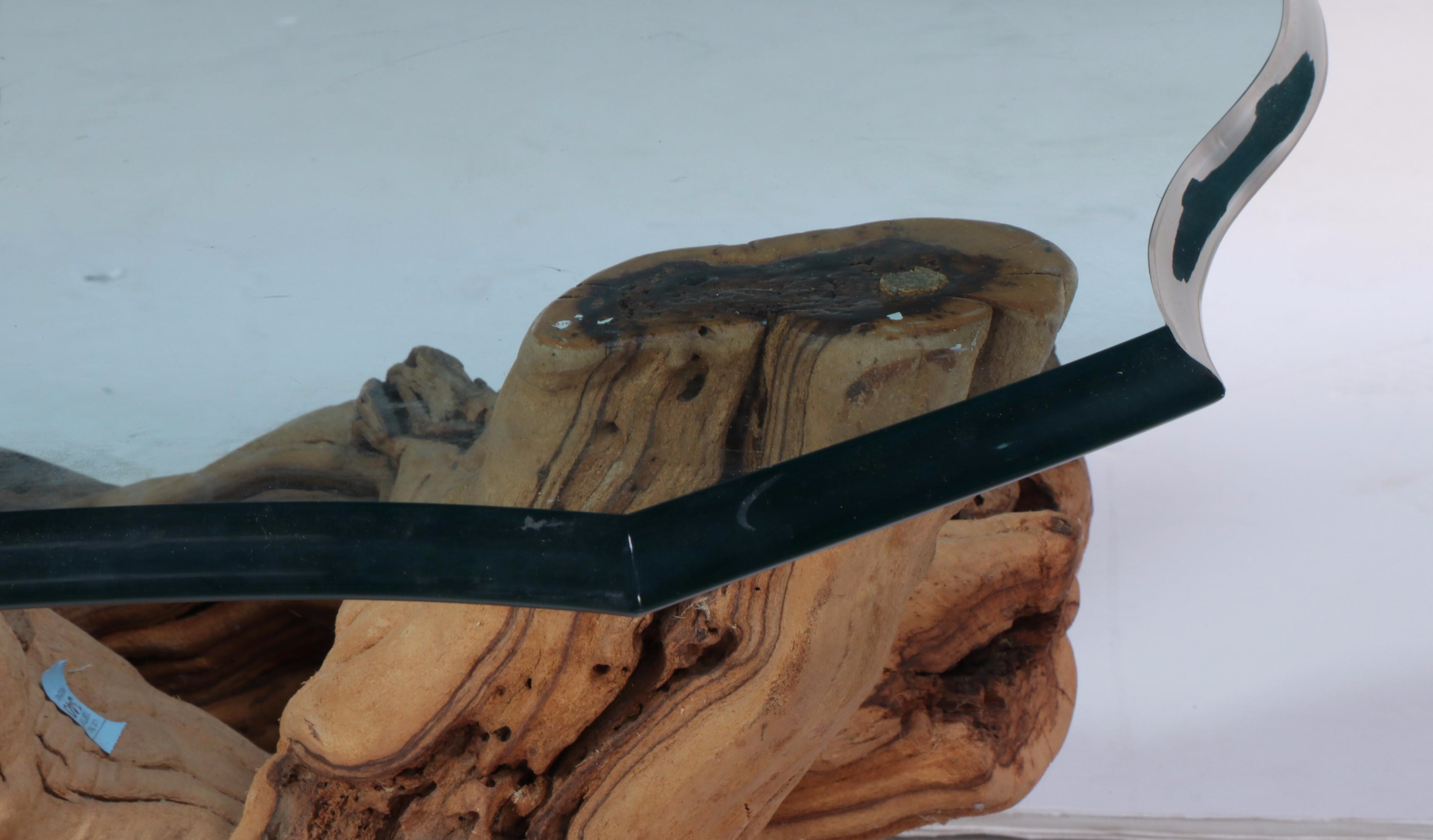 Contemporary Beveled Glass Table with Driftwood Base