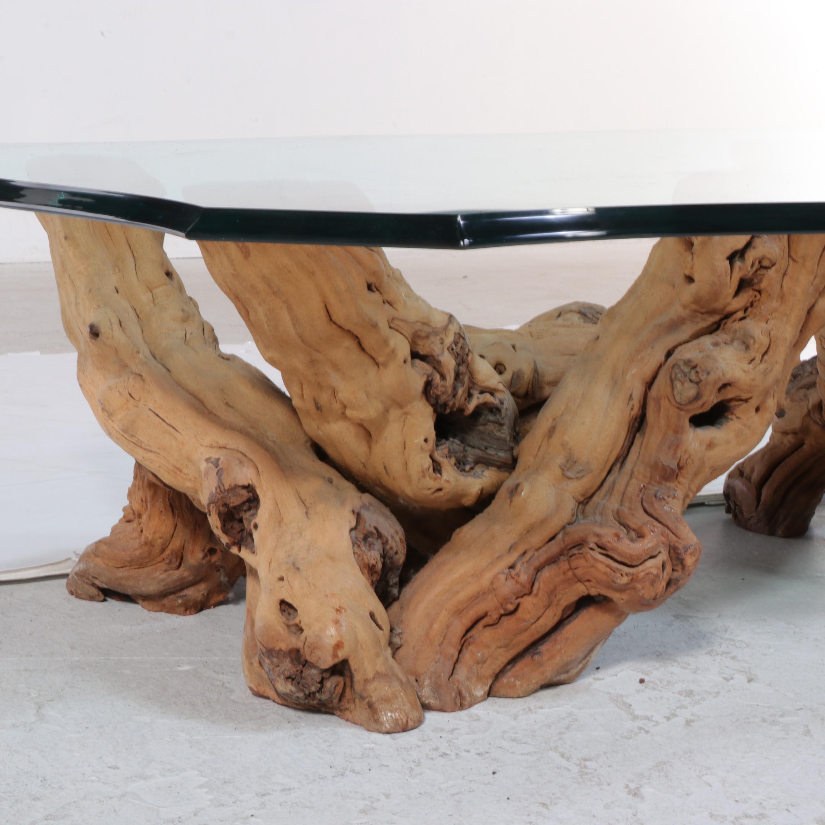 Contemporary Beveled Glass Table with Driftwood Base