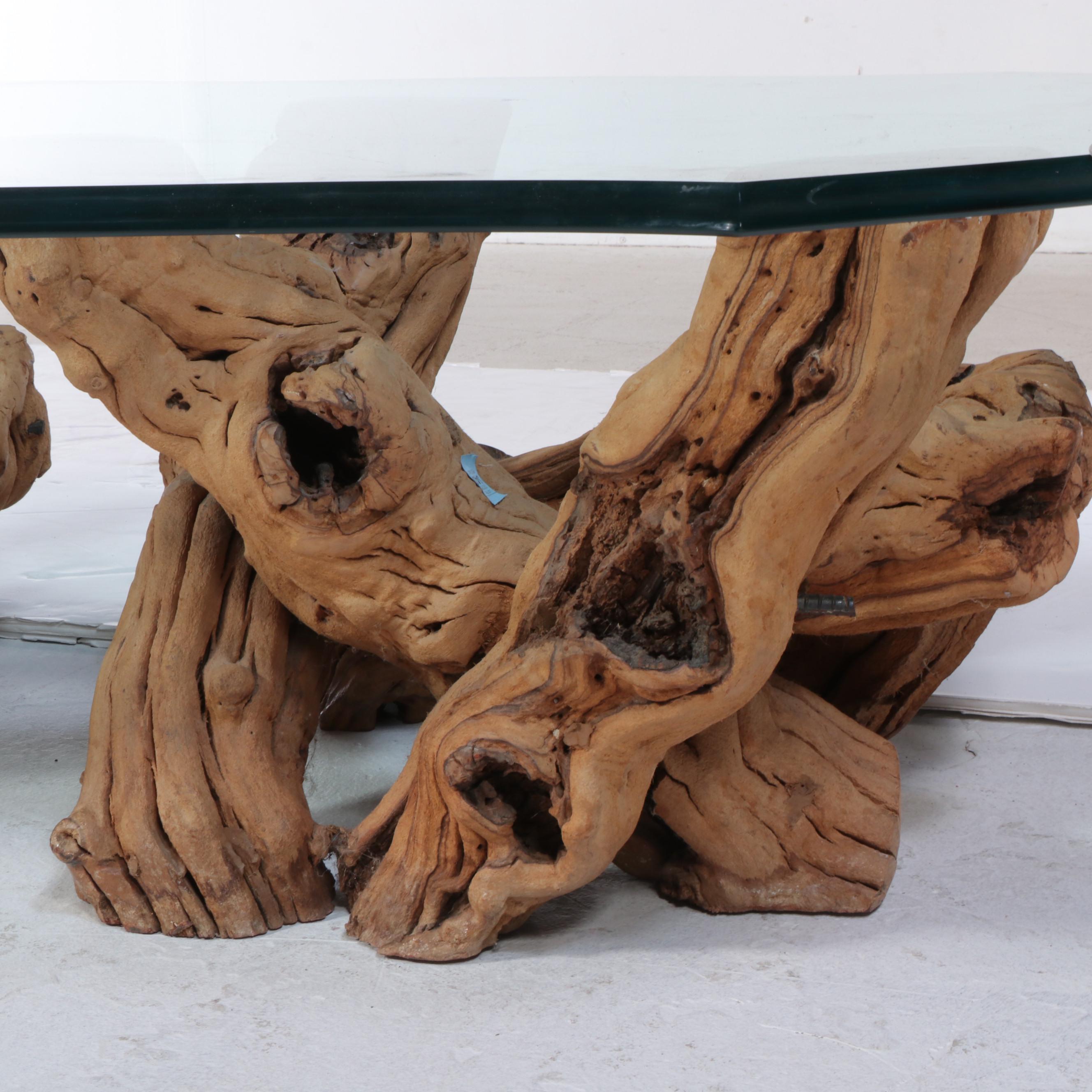 Contemporary Beveled Glass Table with Driftwood Base