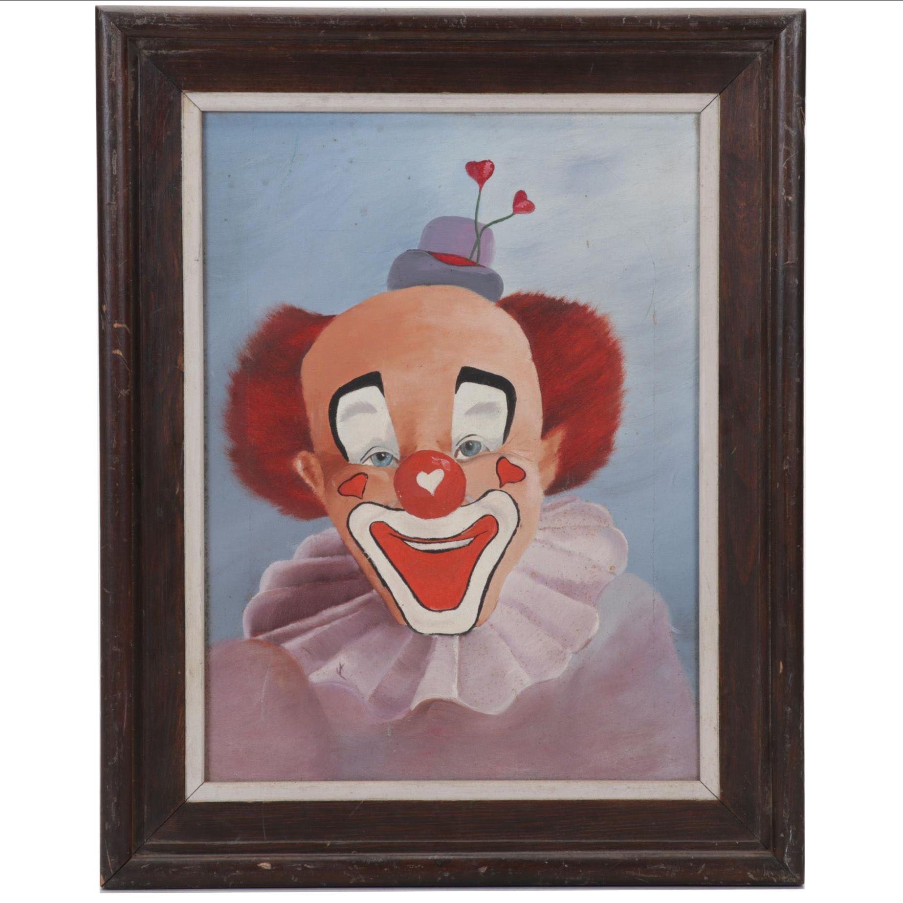 Folk Art Clown Portrait Oil Painting, Circa 1970