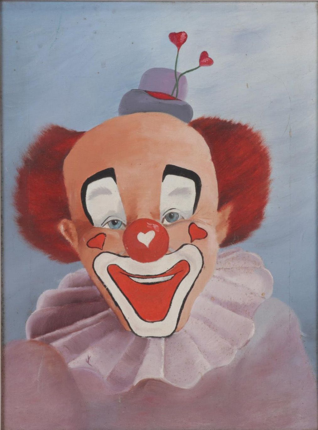 Folk Art Clown Portrait Oil Painting, Circa 1970
