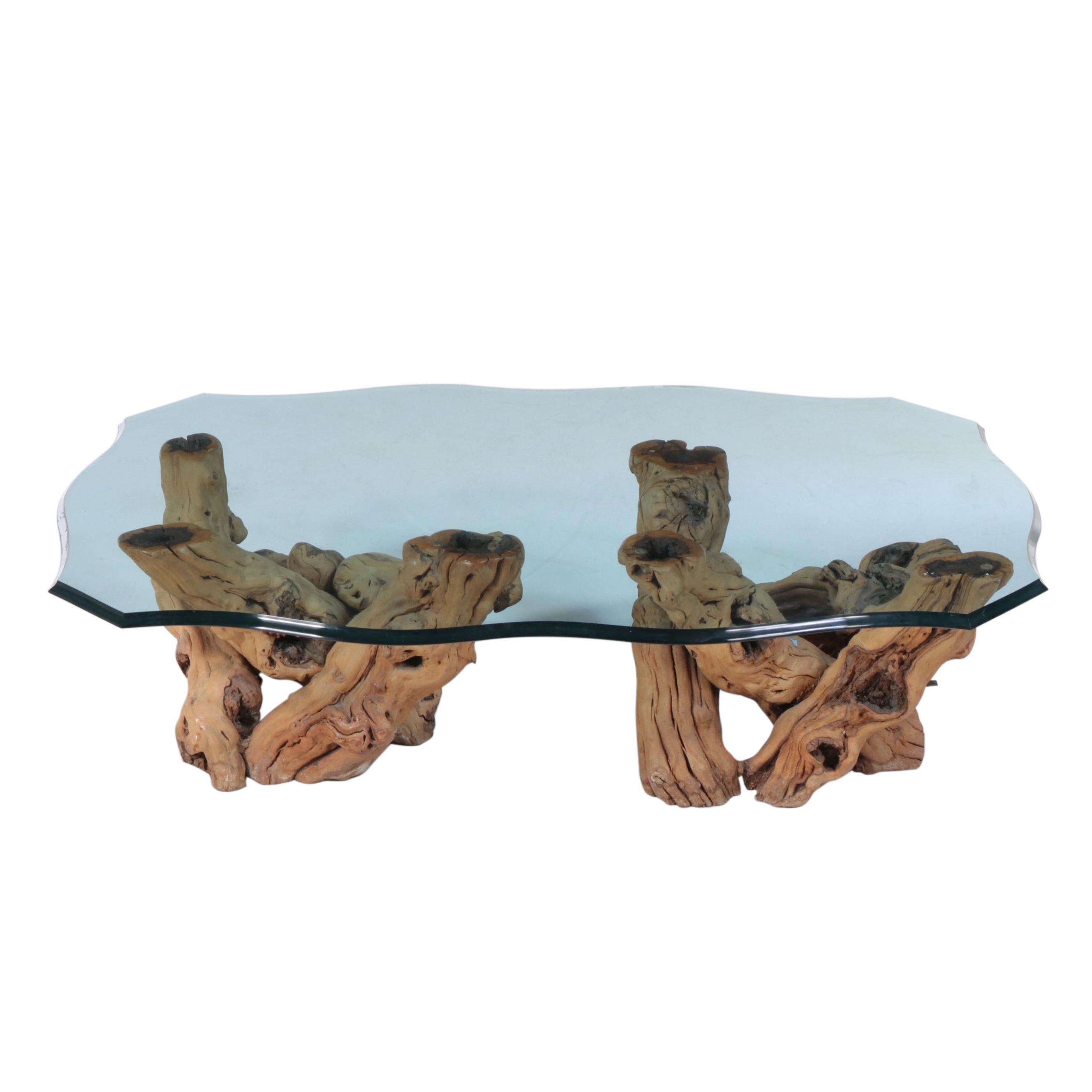Contemporary Beveled Glass Table with Driftwood Base