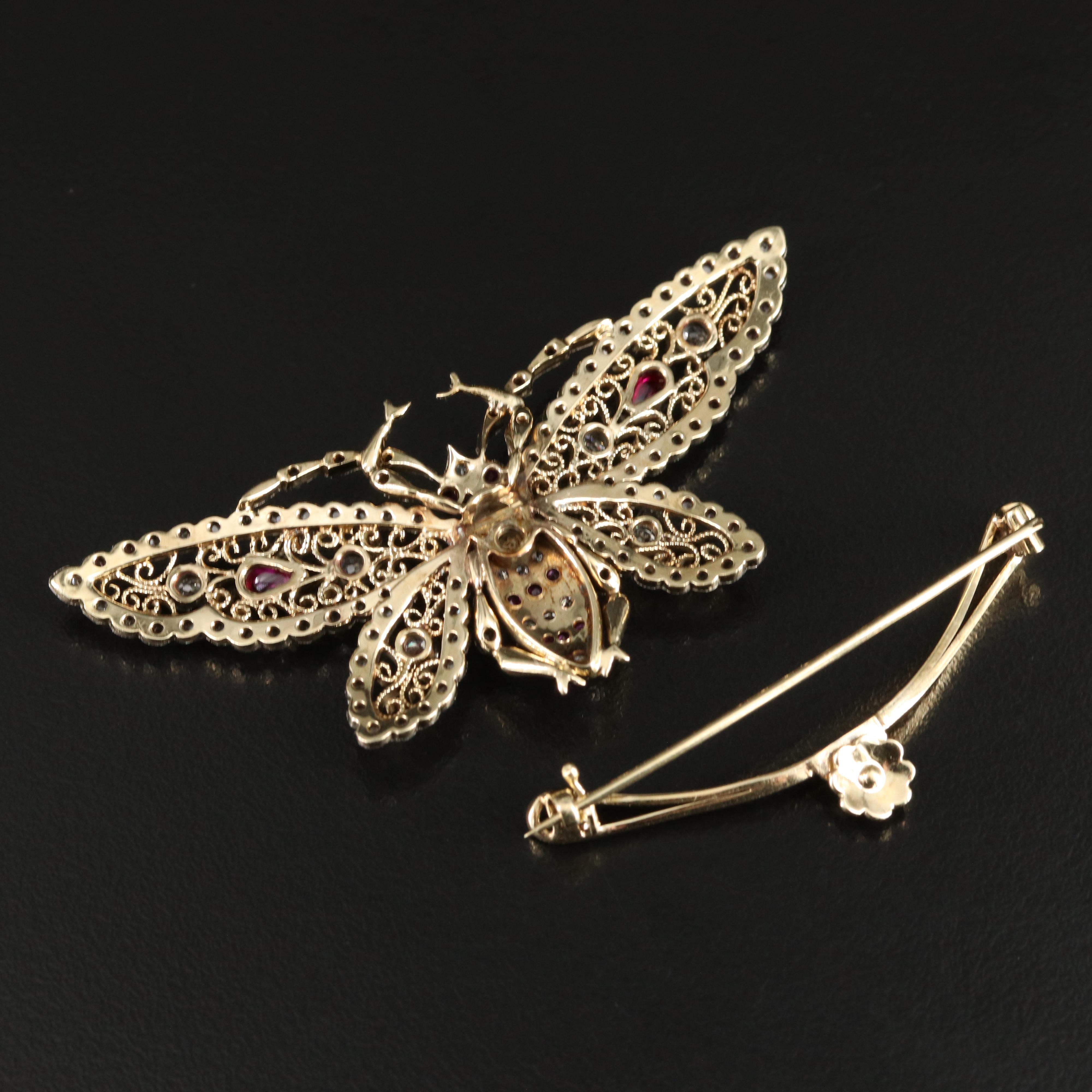 14K Diamond, Ruby and Pearl Butterfly Pin with Filigree Wings and Palladium