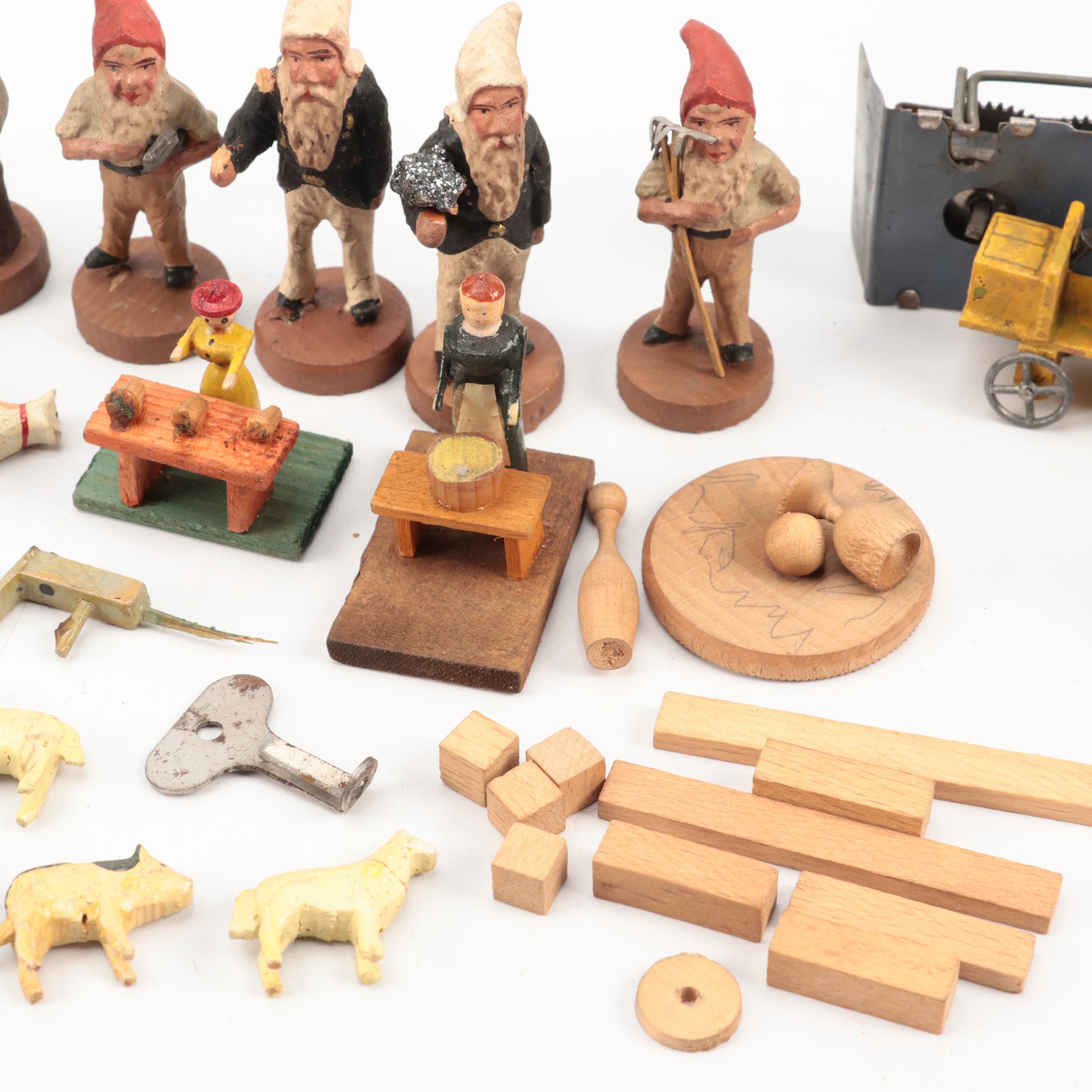 German Wooden Matchbox Miniature Toys with Gnomes, Early 20th Century