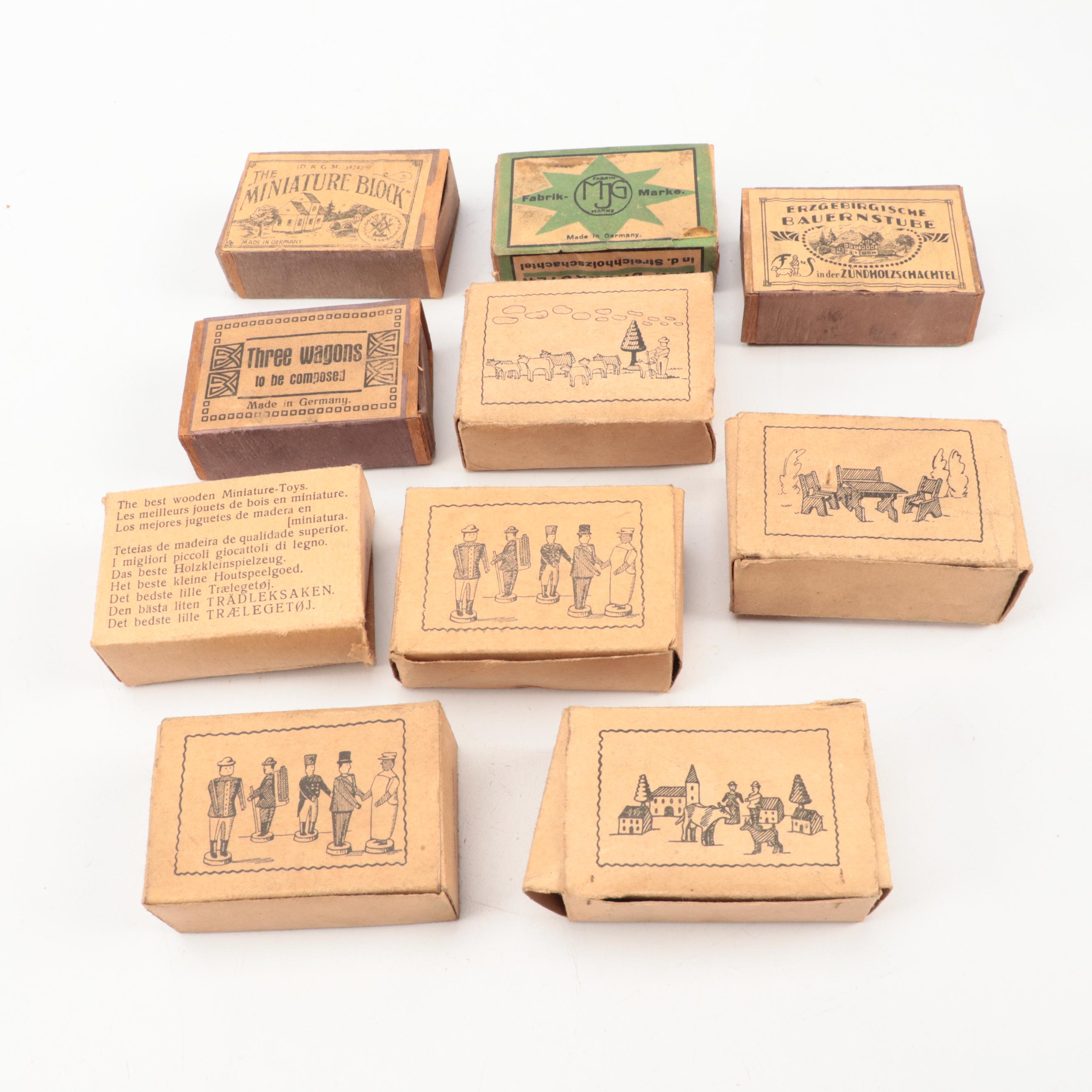 German Wooden Matchbox Miniature Toys with Gnomes, Early 20th Century