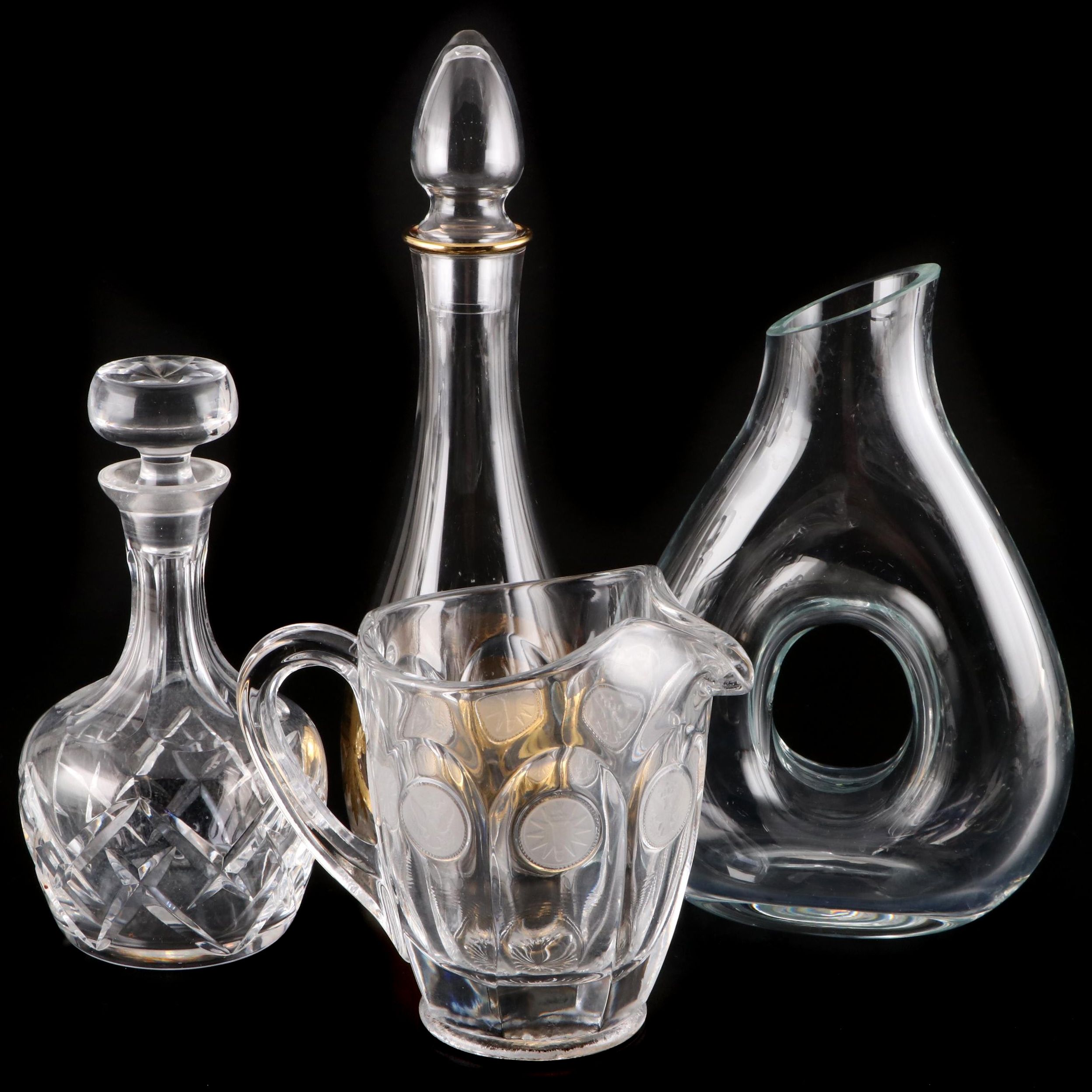 Fostoria "Coin Glass" Pitcher with Atlantis and Other Glass Decanters