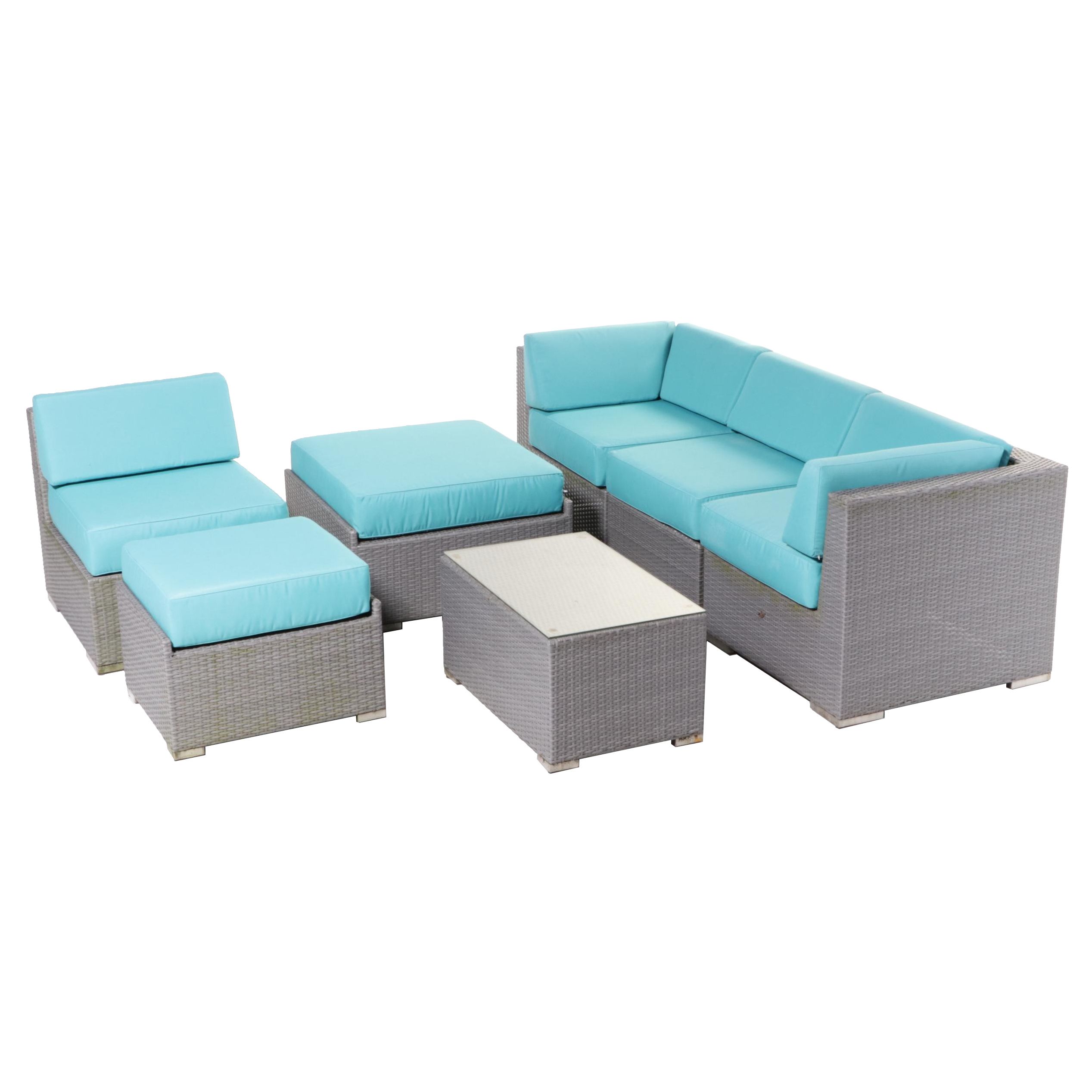 Ohana Depot Outdoor Wicker Patio Furniture with Turquoise and Gray Cushion Set