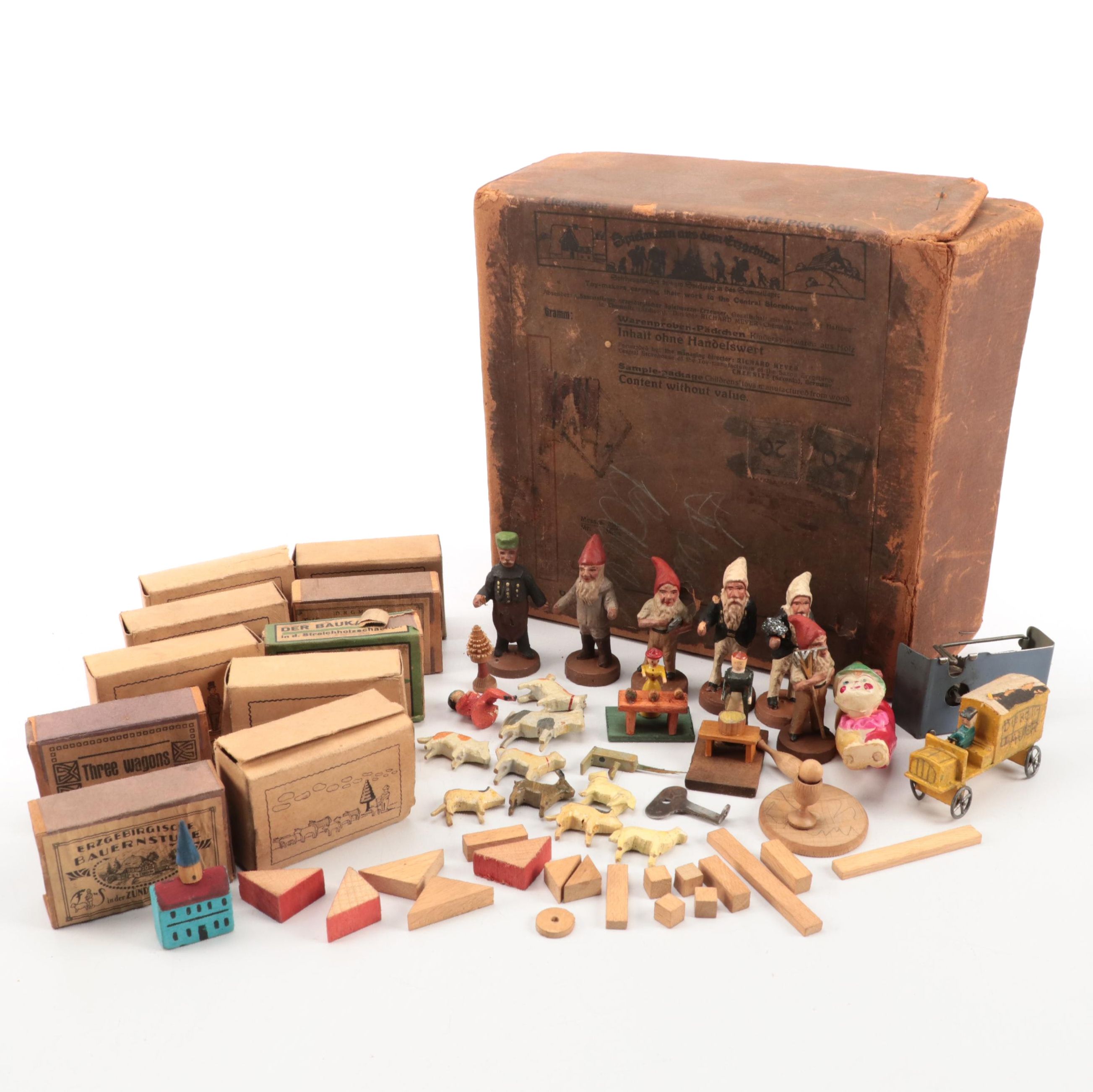 German Wooden Matchbox Miniature Toys with Gnomes, Early 20th Century