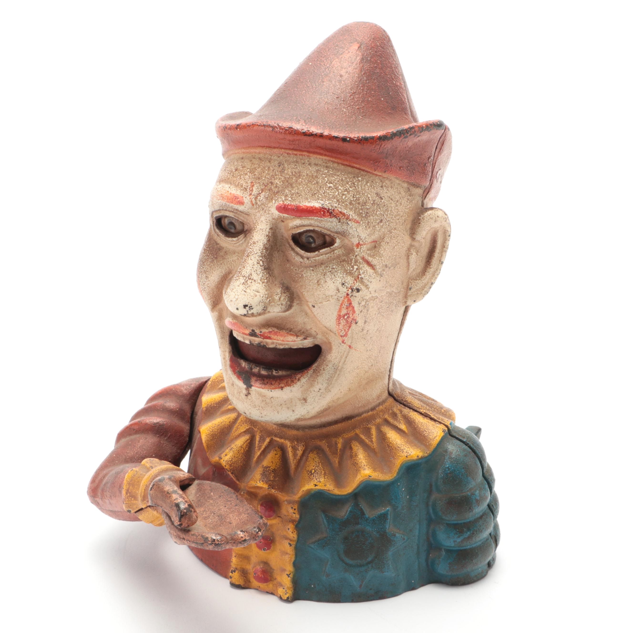 Reproduction Humpty Dumpty Clown Cast Iron Mechanical Coin Bank
