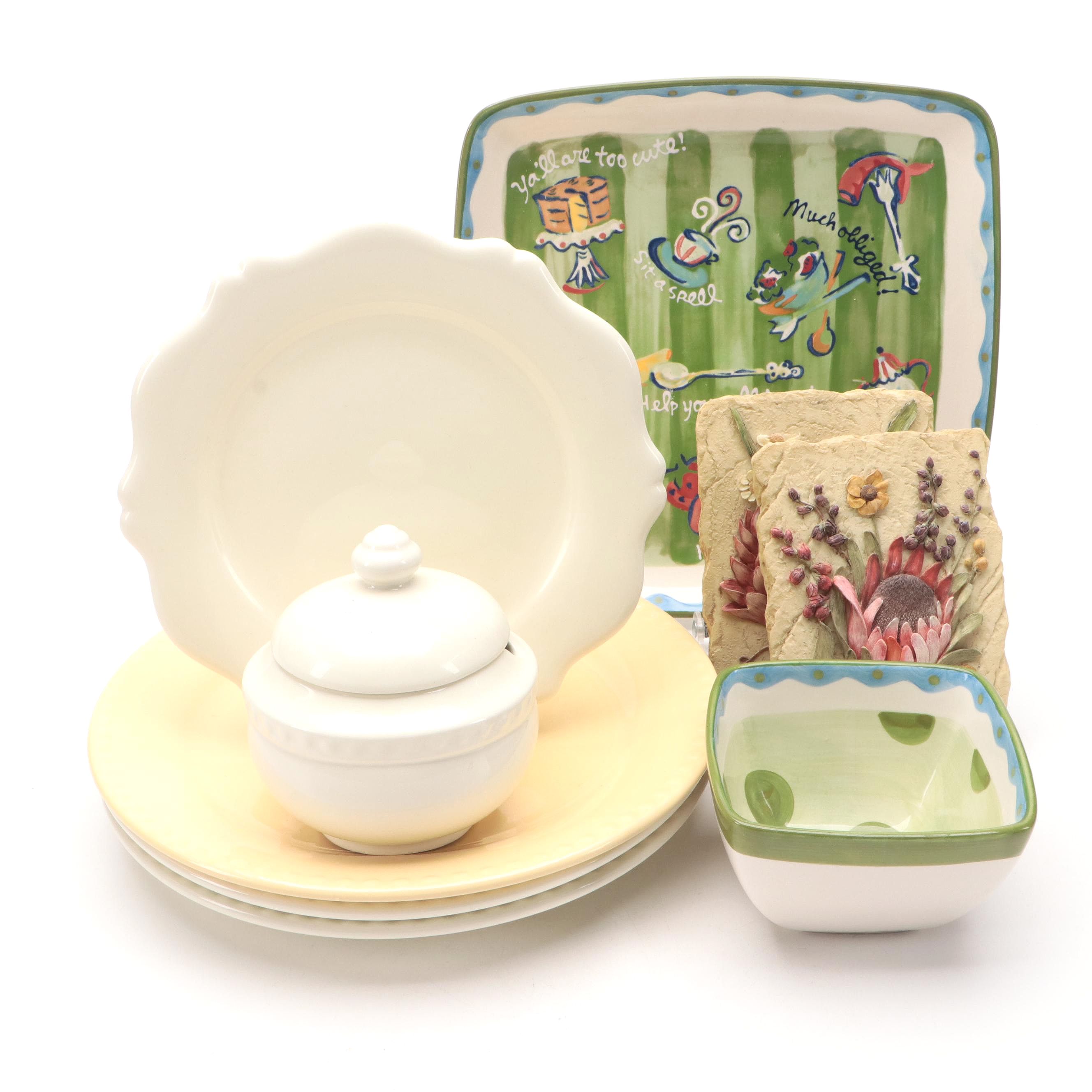 Gail Pittman "Hospitality" Ceramic Plates and Sugar with Other Home Décor