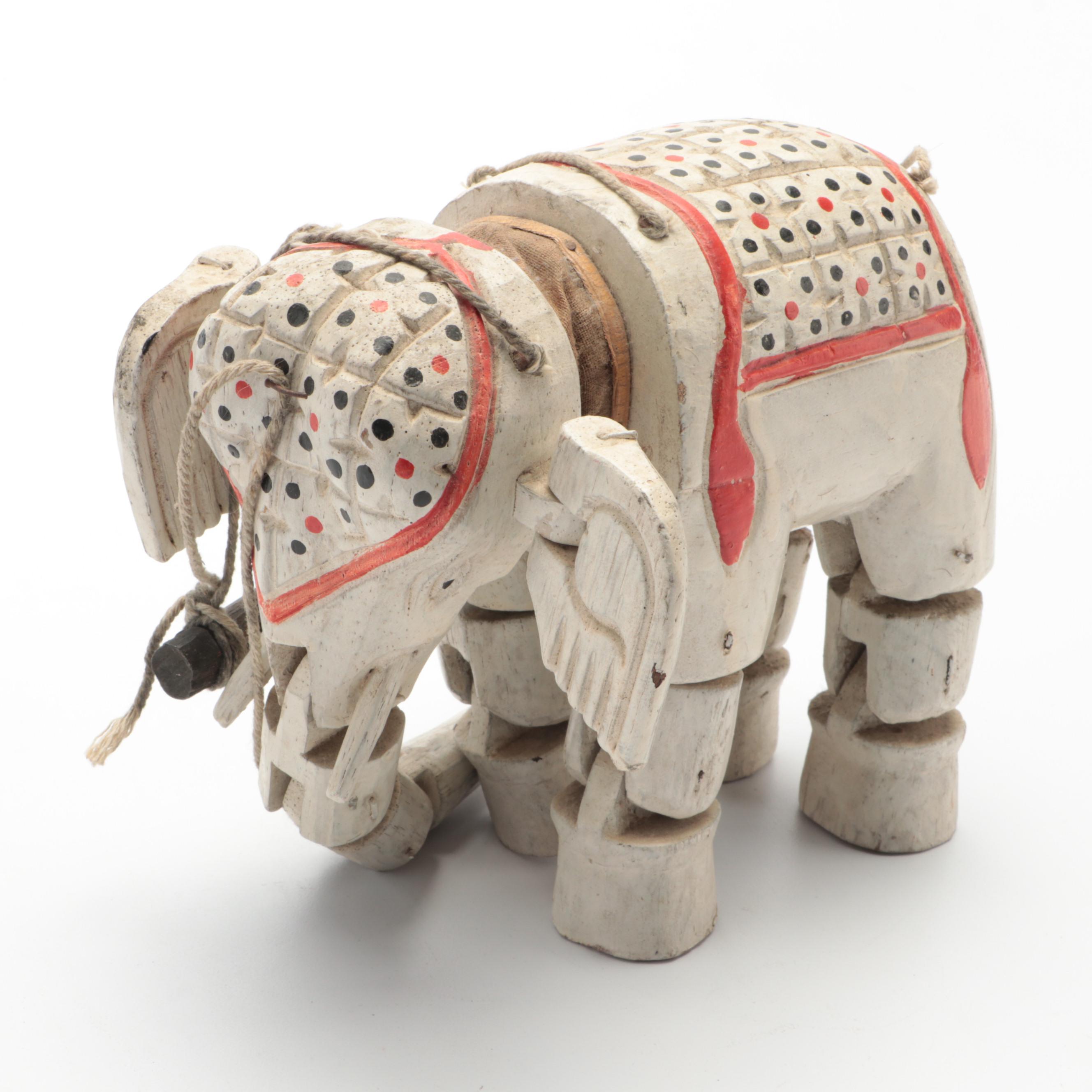 Anglo-Indian Folk Art Marionette Elephant Puppet with Carved Thai Buddha