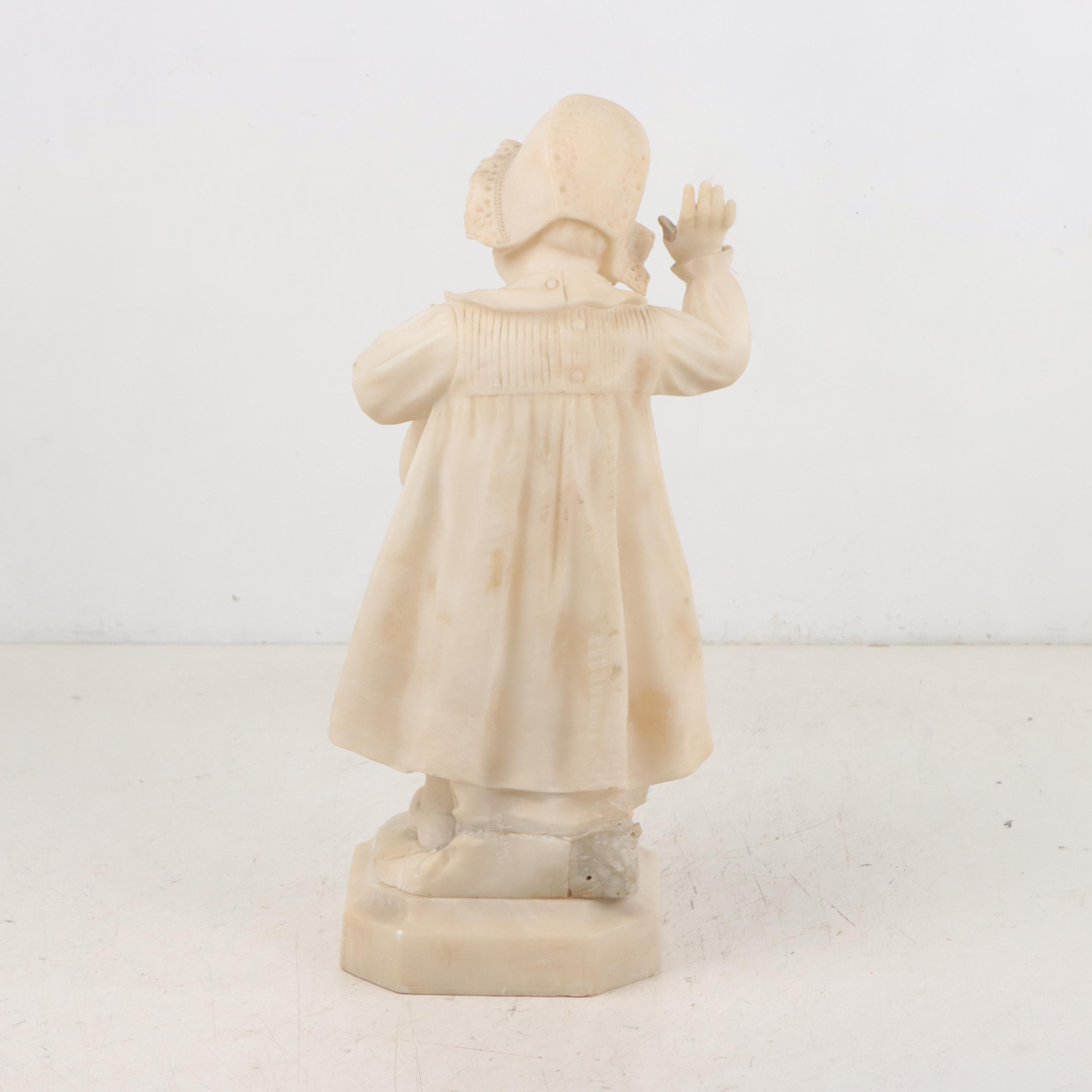 Adolfi Luchini Carved Alabaster Sculpture of a Child and Cat
