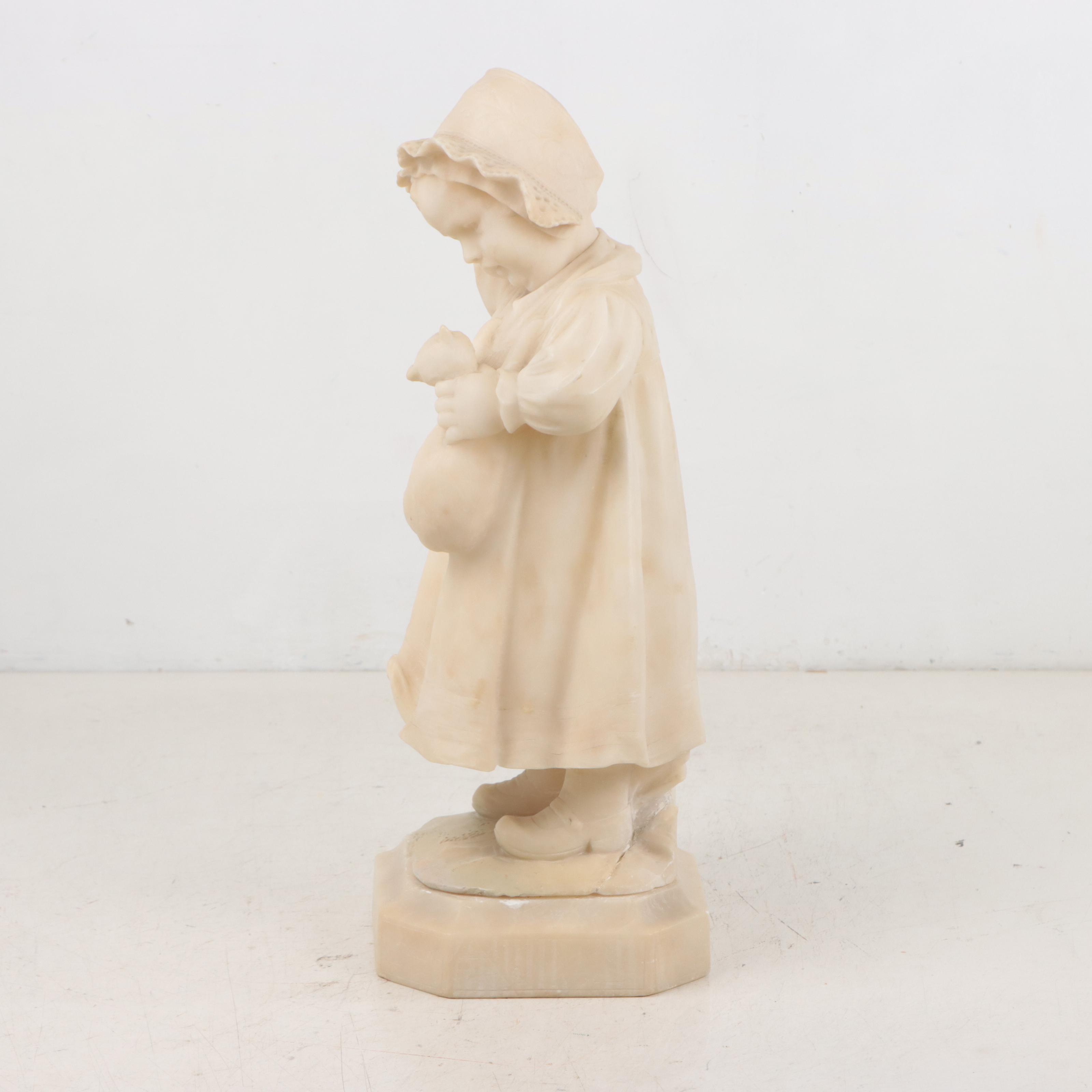 Adolfi Luchini Carved Alabaster Sculpture of a Child and Cat