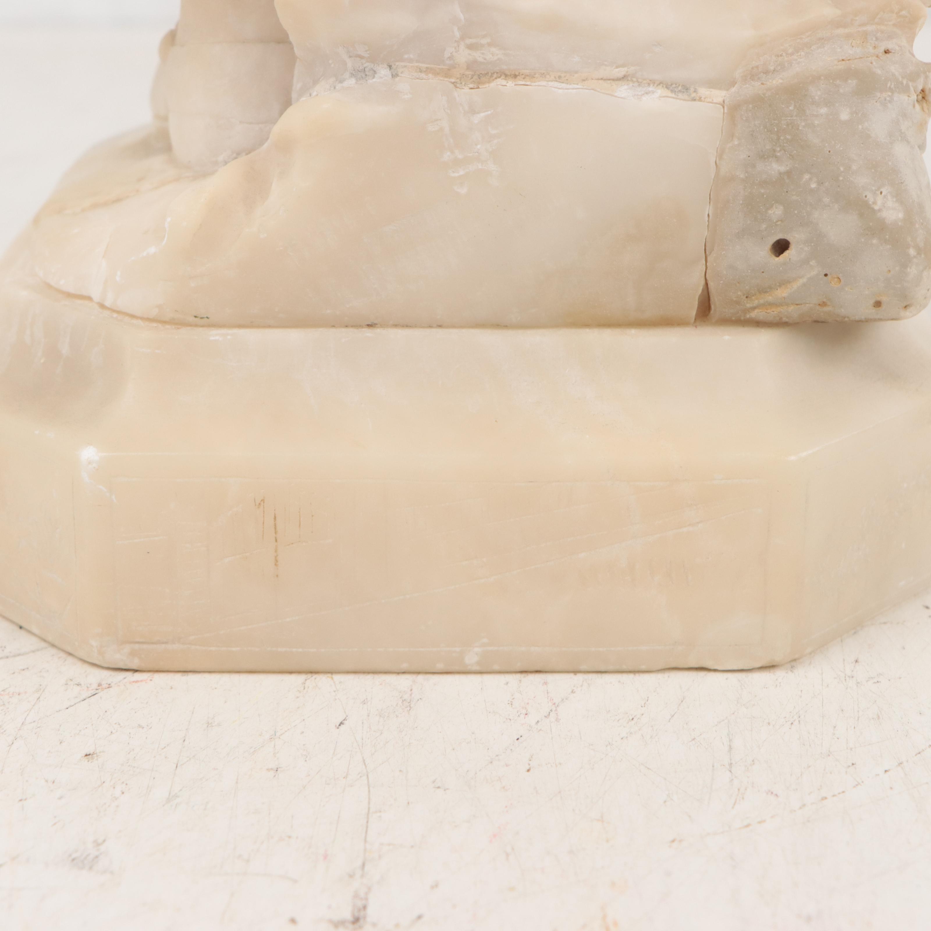 Adolfi Luchini Carved Alabaster Sculpture of a Child and Cat