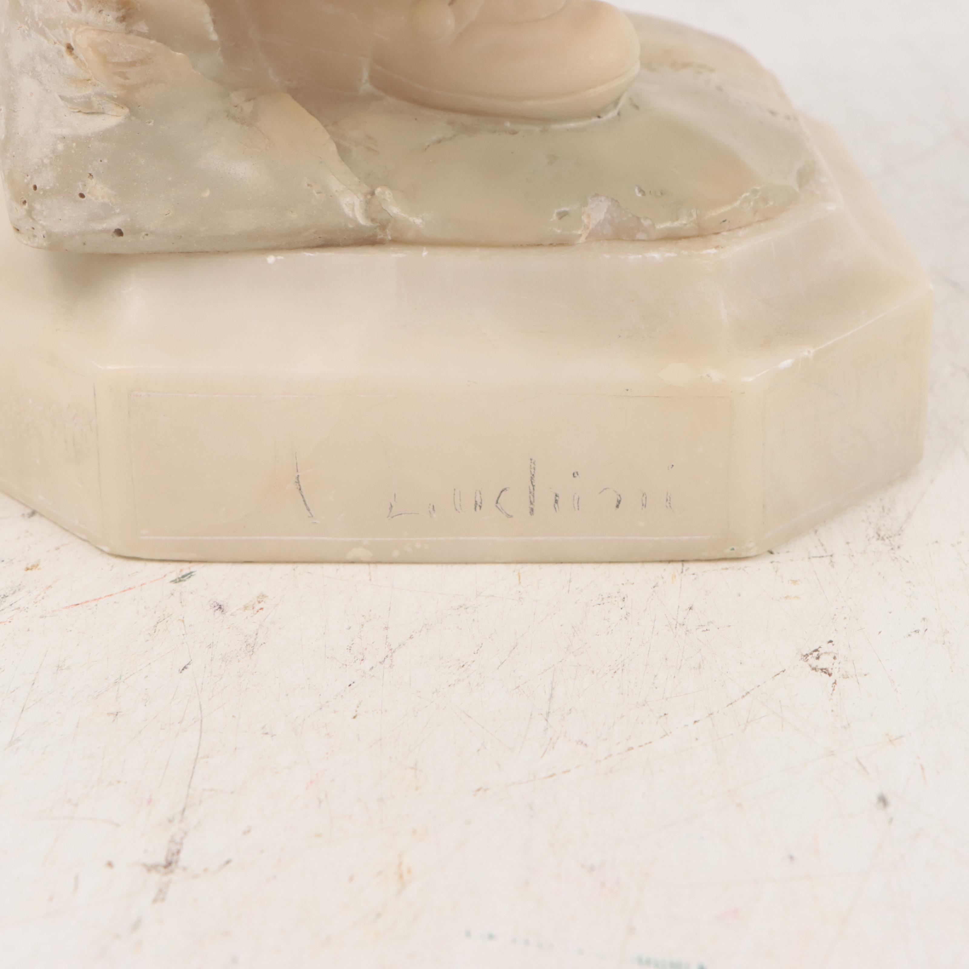 Adolfi Luchini Carved Alabaster Sculpture of a Child and Cat