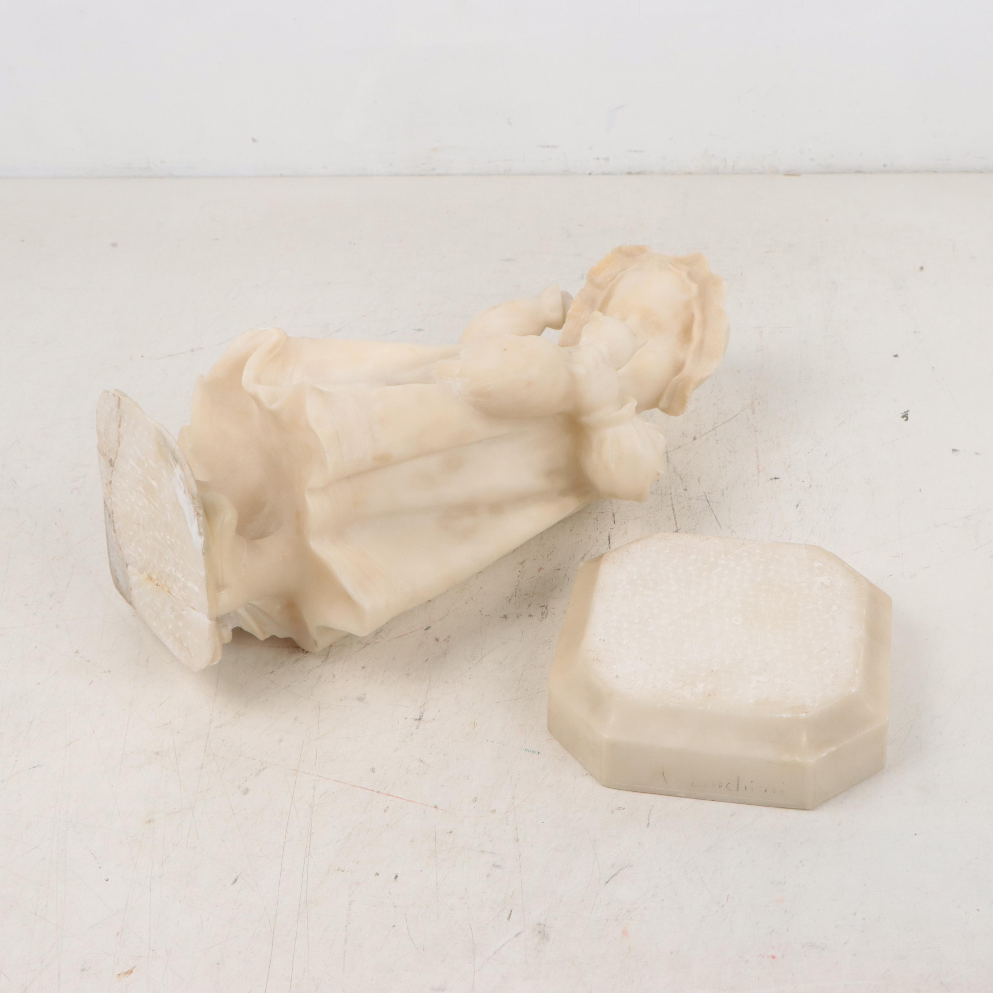 Adolfi Luchini Carved Alabaster Sculpture of a Child and Cat
