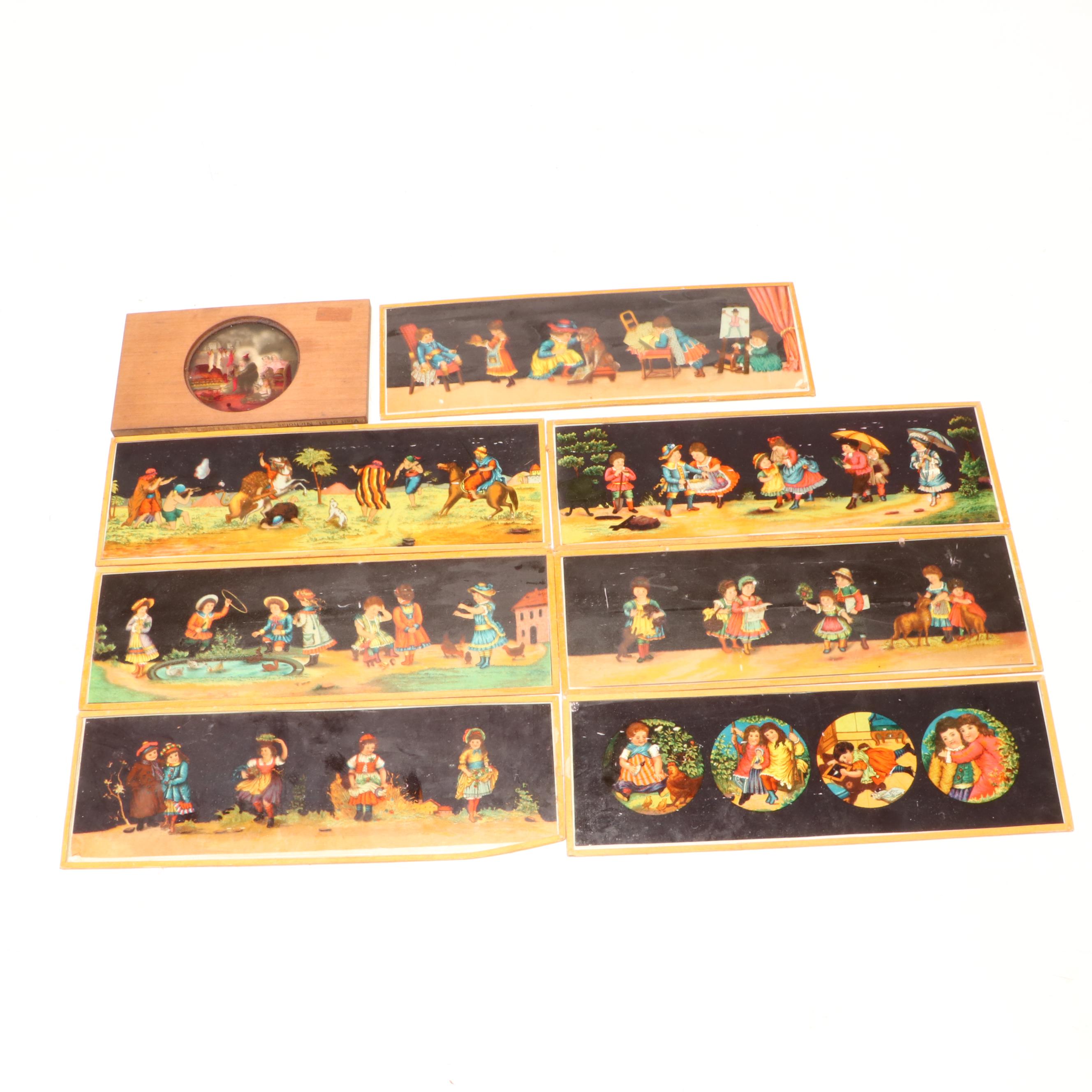 Magic Lantern Slide Viewer With Story Picture Slides, Late 19th to Early 20th C