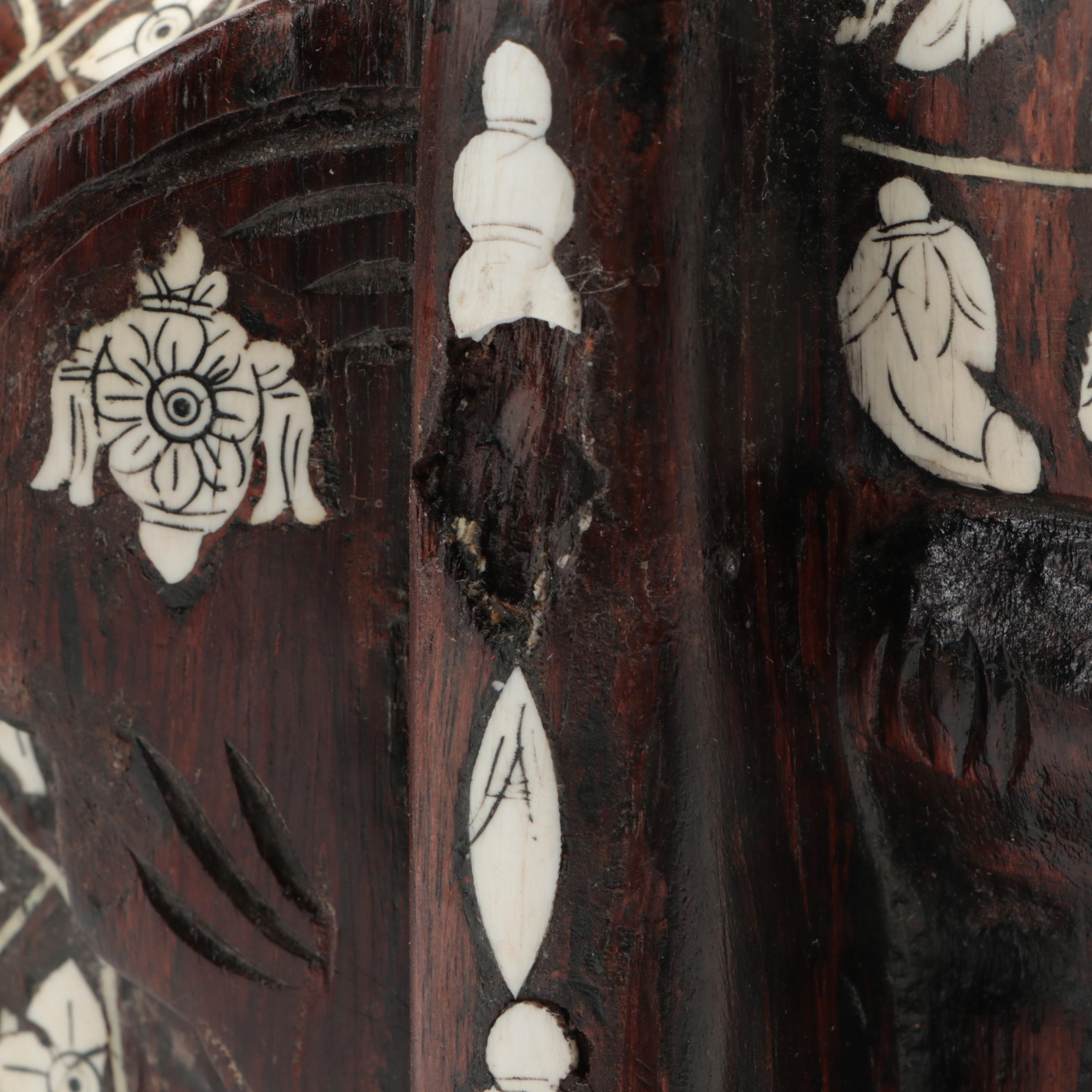 Indian Carved Wood Elephant with Inlaid Bone Ornamentation