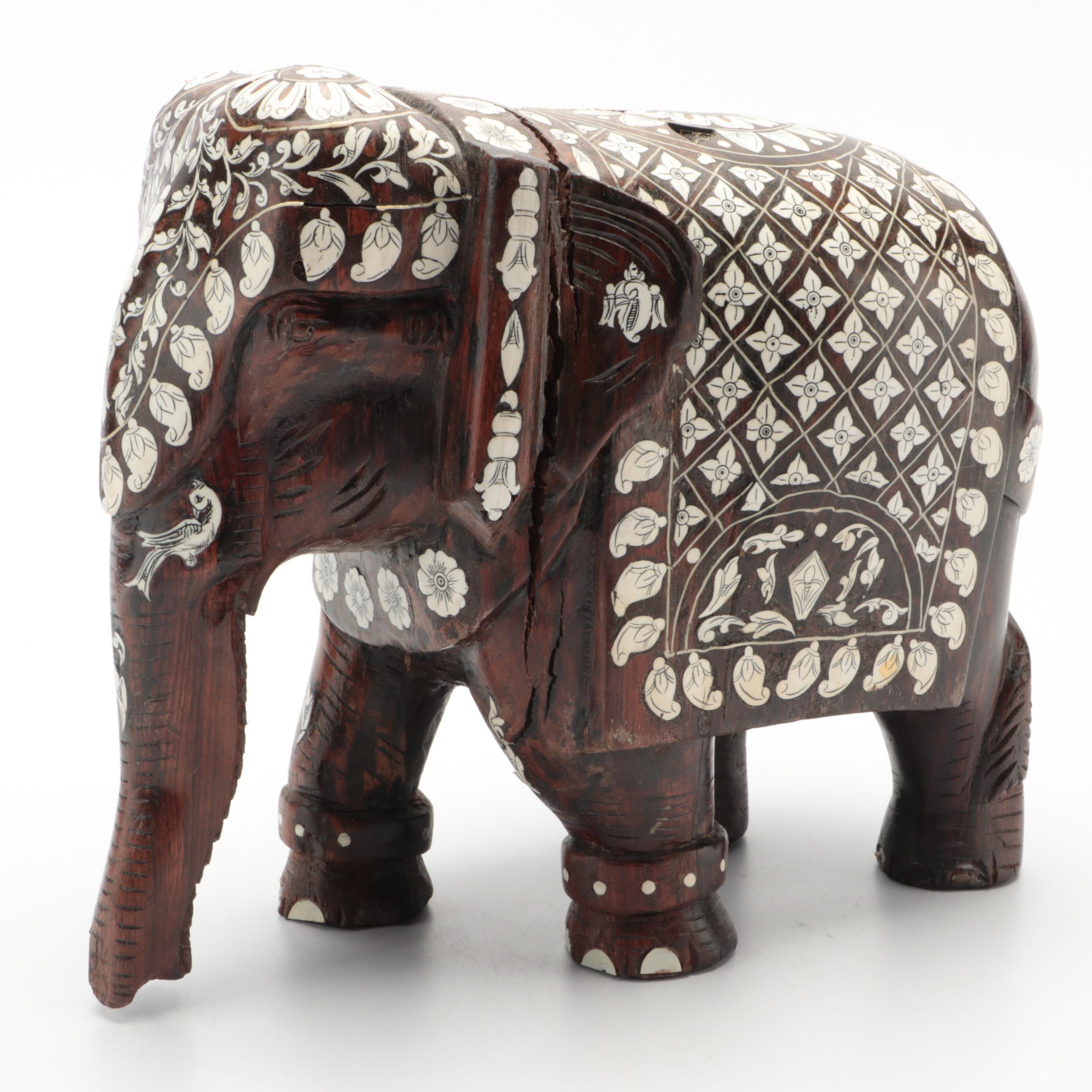 Indian Carved Wood Elephant with Inlaid Bone Ornamentation